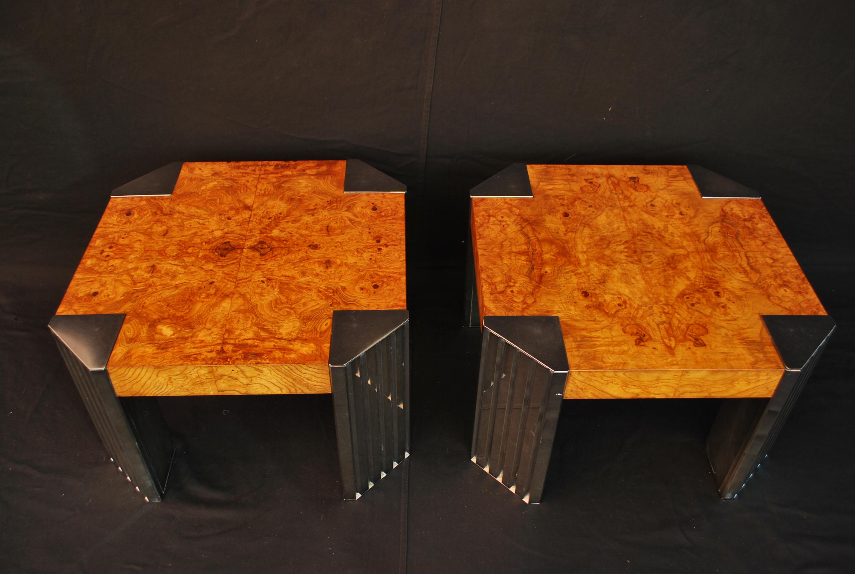 A sexy pair of side table in the style of milo Baughman, the burl walnut wood is exquisite , a beautiful skyscrapers style, on one side the chrome has faded a little, ( see pictures )