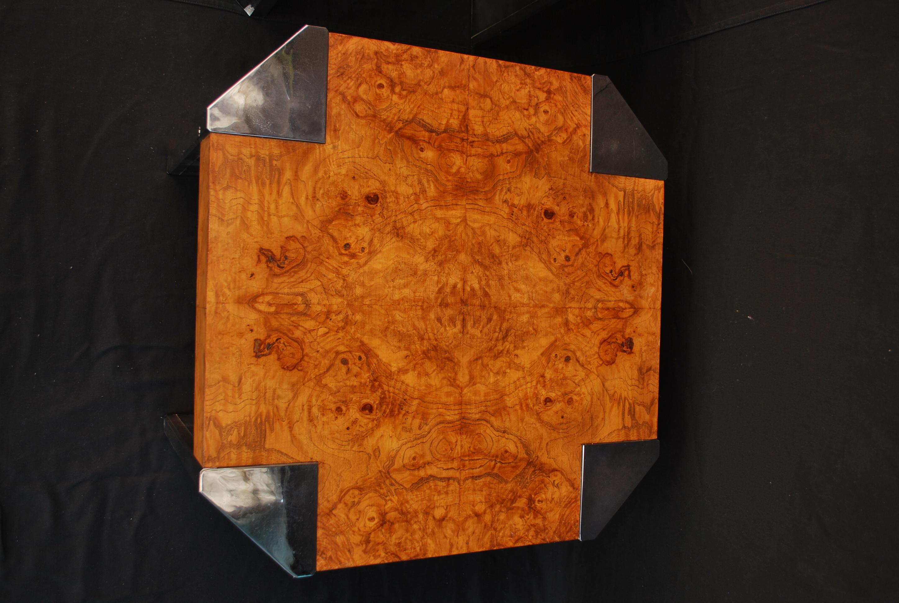 American Sexy pair of skysside tables in the style of MIlo Baughman with burl walnut wood For Sale