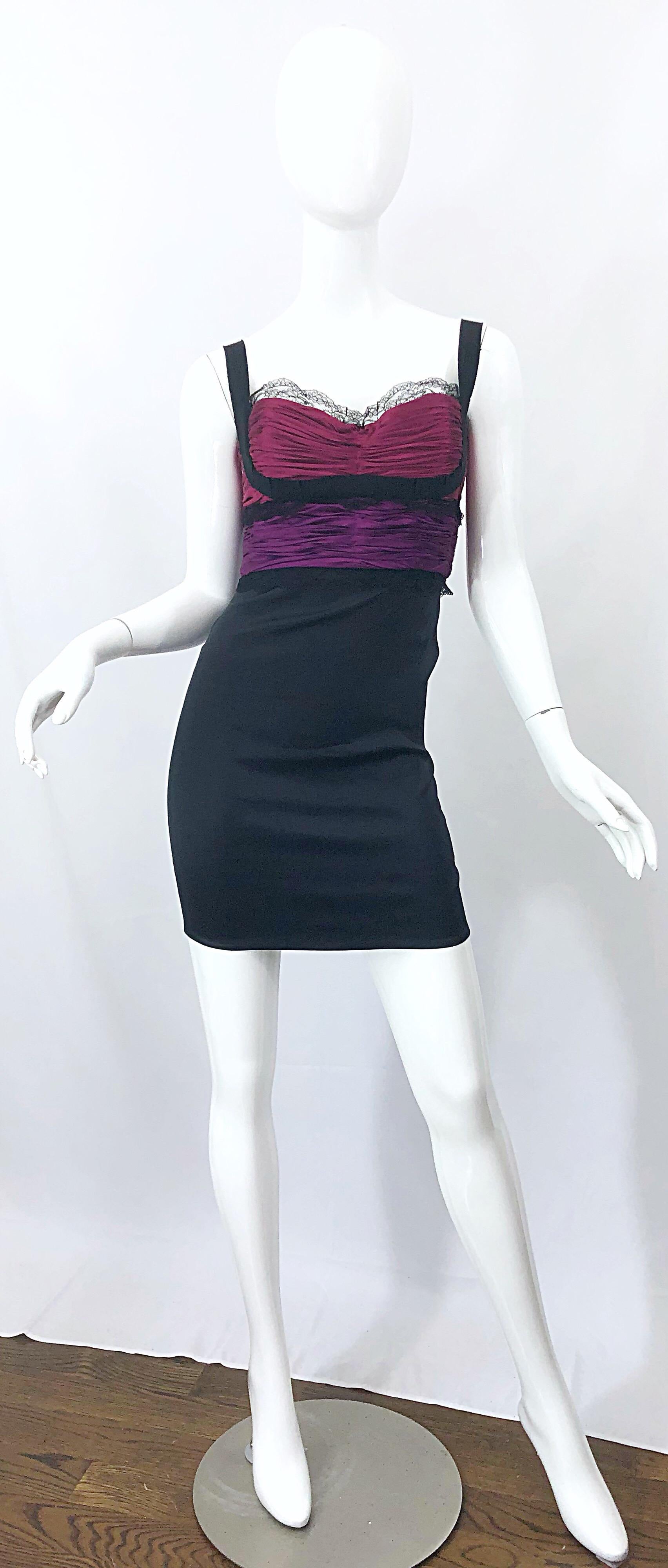 Sexy early 2000s ROBERTO CAVALLI silk and lace mini dress! Features fuchsia / purple, hot pink and black liquid silk, and black lace. Ruched bodice also features black grosgrain silk ribbon accents. Hidden zipper up the back with hook-and-eye