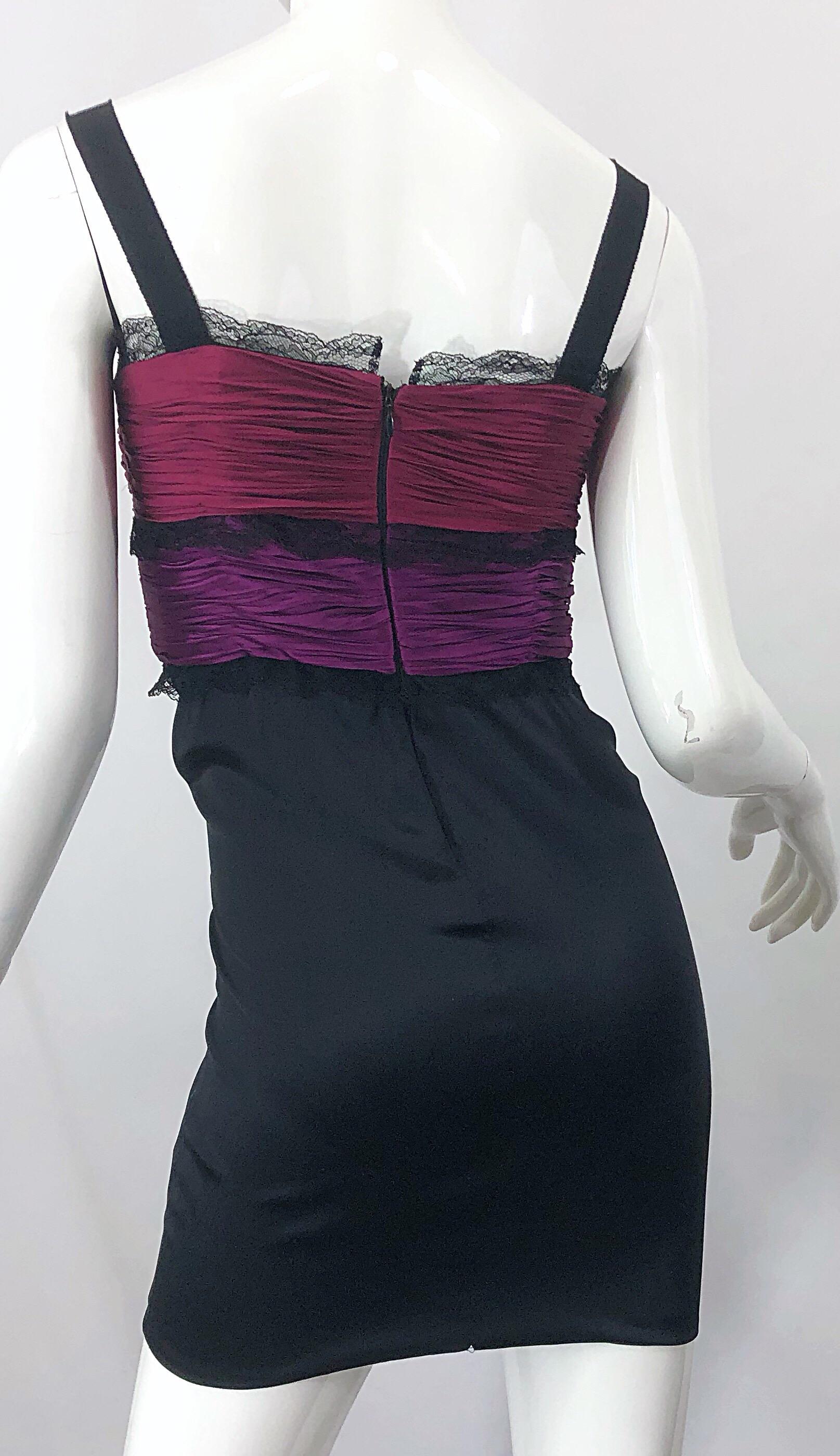 Sexy Roberto Cavalli 2000s Fuchsia Purple + Pink + Black Silk Lace Mini Dress 1
