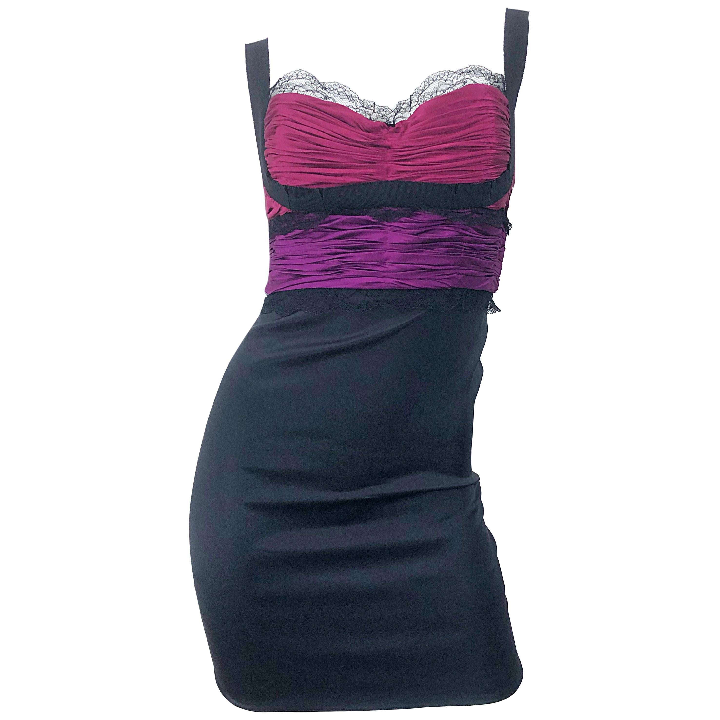 Sexy Roberto Cavalli 2000s Fuchsia Purple + Pink + Black Silk Lace Mini Dress