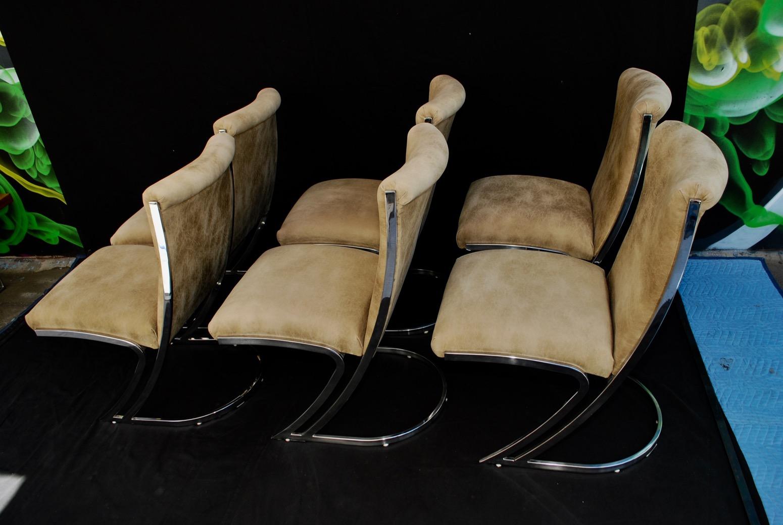 A beautiful and sexy set of six dining room chairs by the iconic Pierre Cardin, they are made with original suede leather, it is very soft, the chairs are comfortable, if I did not have a two years old son who would destroy them, I would have kept