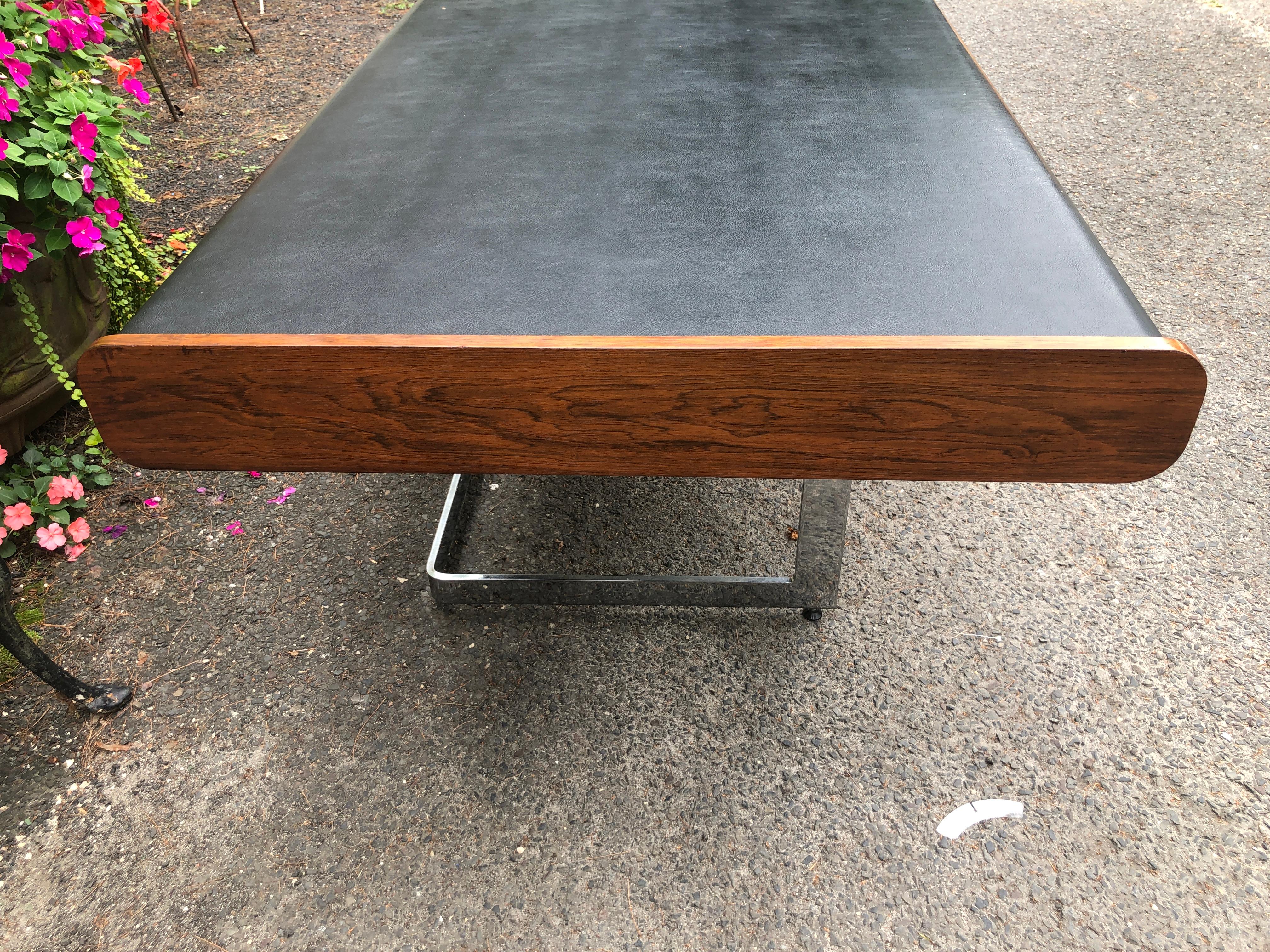 Faux Leather Sexy Slim Rosewood and Chrome Desk by Ste. Marie and Laurent Mid-Century For Sale