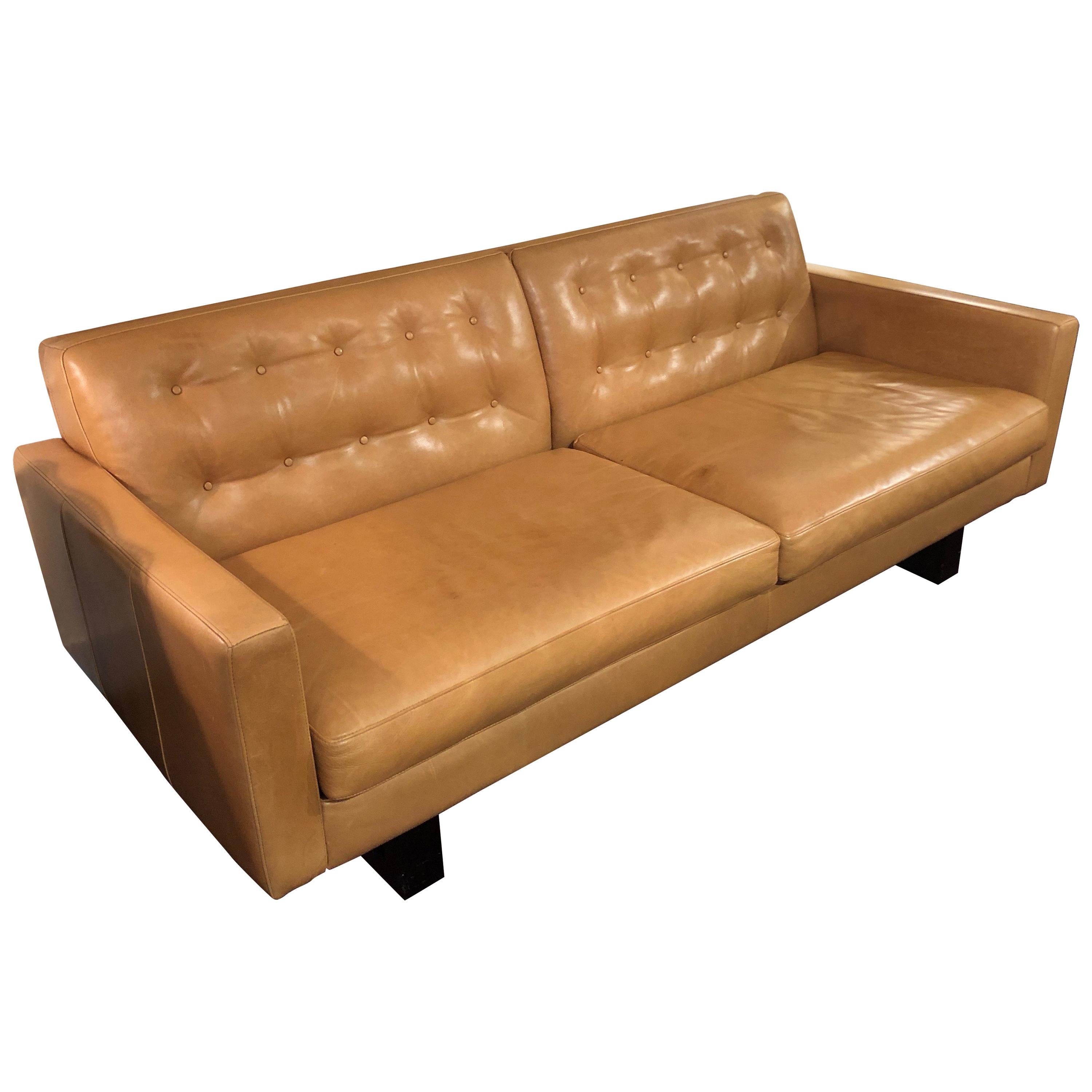 Sexy Supple Cognac Mid-Century Modern Style Leather Sofa