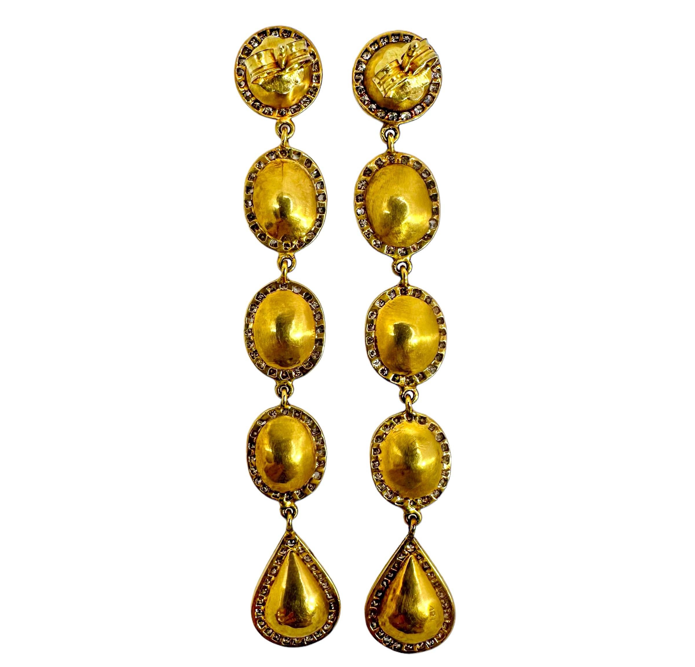 Sexy Vintage 18K Gold Hanging Earrings with Rose Cut Diamonds Just Under 3 Inch In Good Condition For Sale In Palm Beach, FL