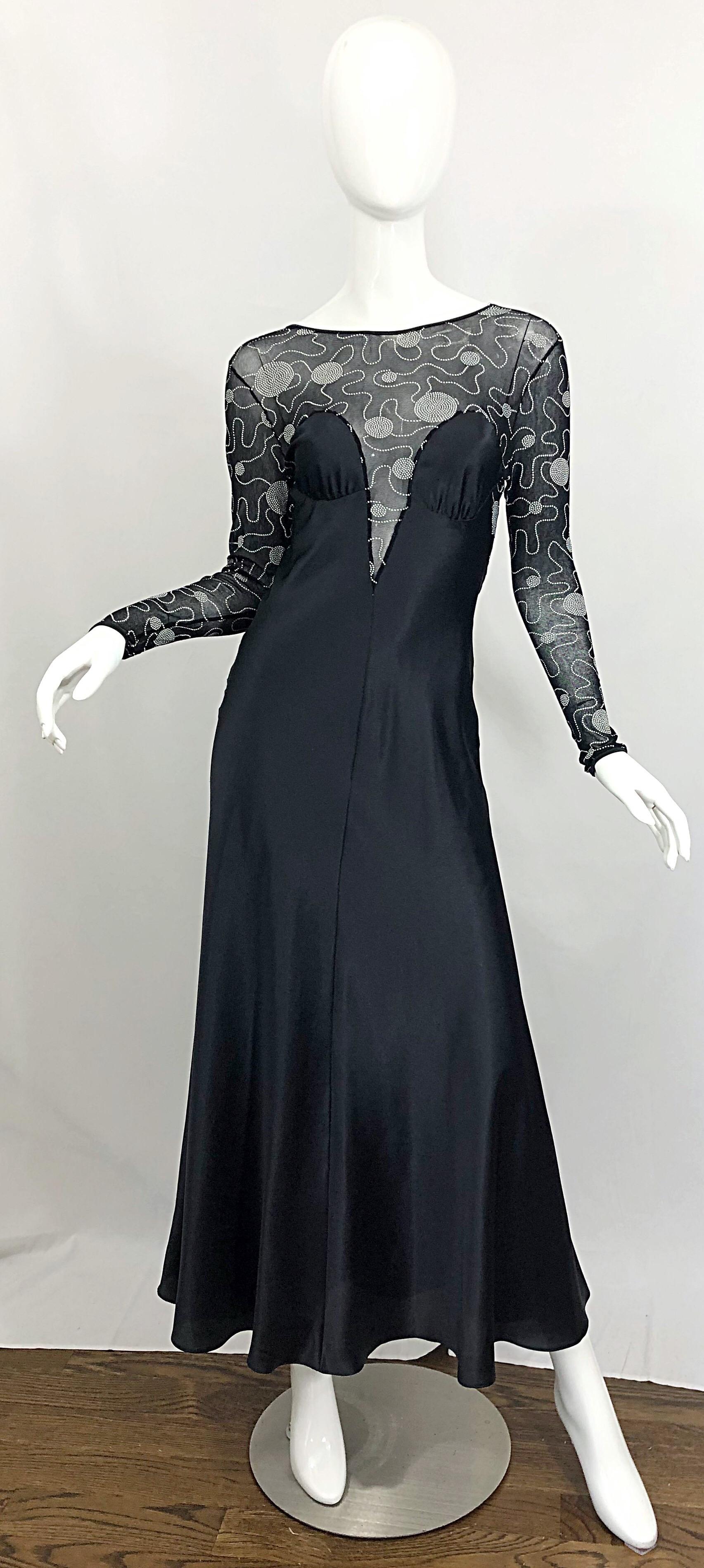 Sexy vintage 1980s BOB MACKIE for SAKS 5th AVENUE black and white plunging low back evening nightgown! Features a sheer black and white mesh bodice, back and sleeves. Simply slips over the head and stretches to fit. Slinky and flattering, this is a