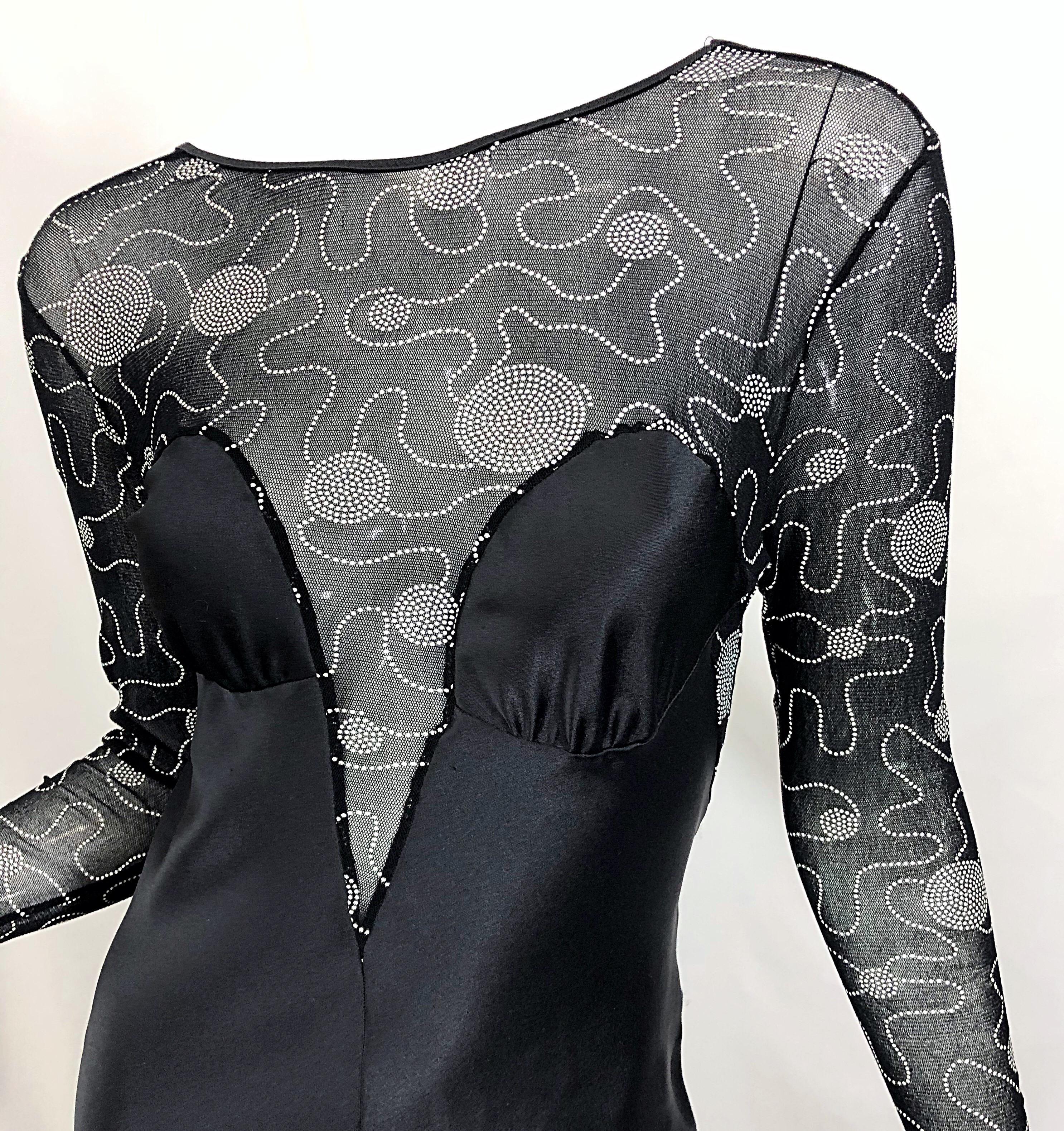 Black Sexy Vintage Bob Mackie Plungling Low Back Long Sleeve Evening Nightgown Dress For Sale