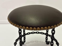 Sexy Vintage Dark Chocolate Brown Leather Stool with Iron Chain Legs