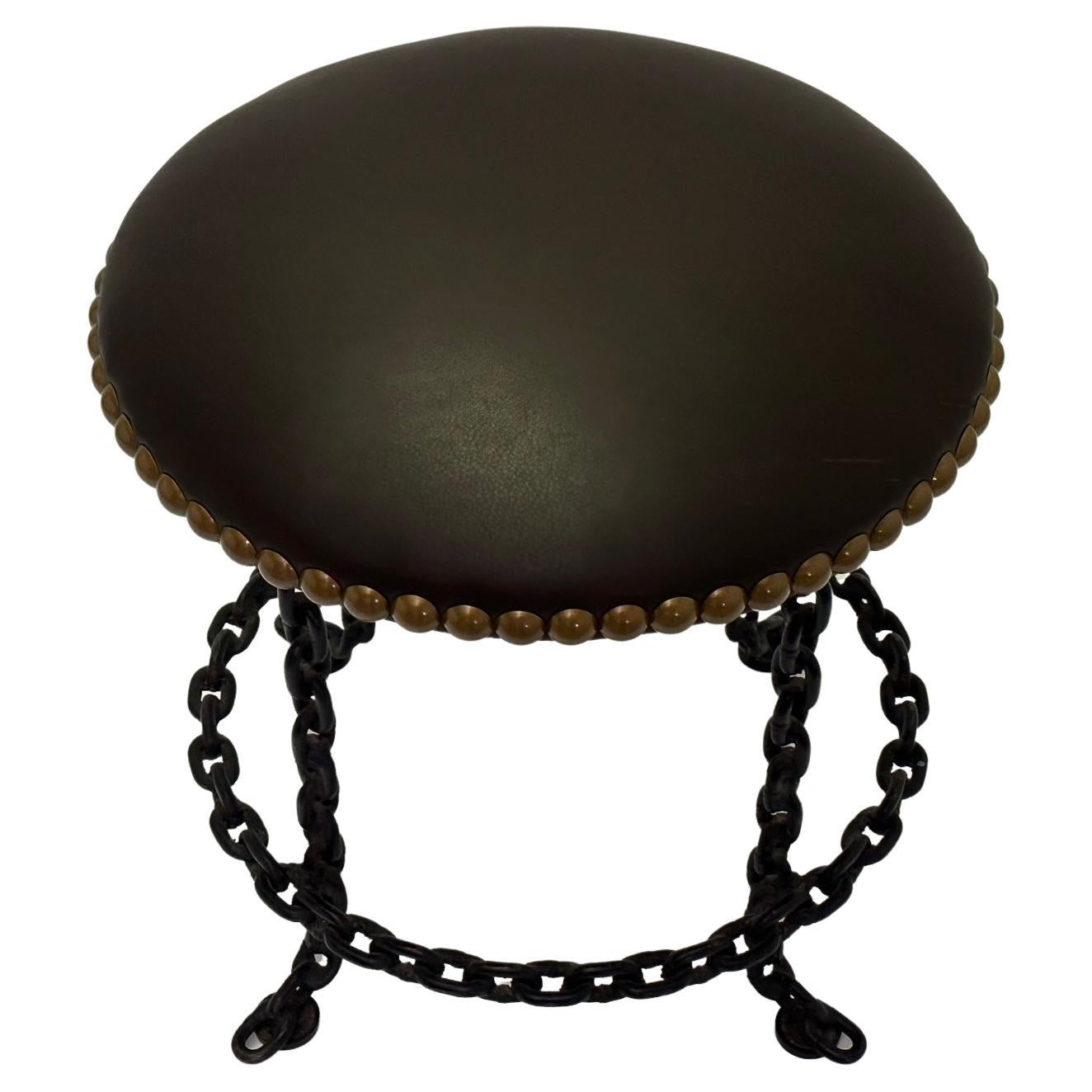 Sexy Vintage Dark Chocolate Brown Leather Stool with Iron Chain Legs For Sale