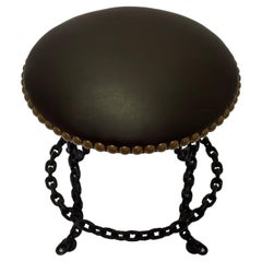 Sexy Vintage Dark Chocolate Brown Leather Stool with Iron Chain Legs