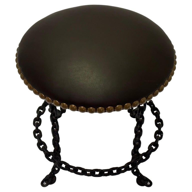 Sexy Vintage Dark Chocolate Brown Leather Stool with Iron Chain Legs For  Sale at 1stDibs