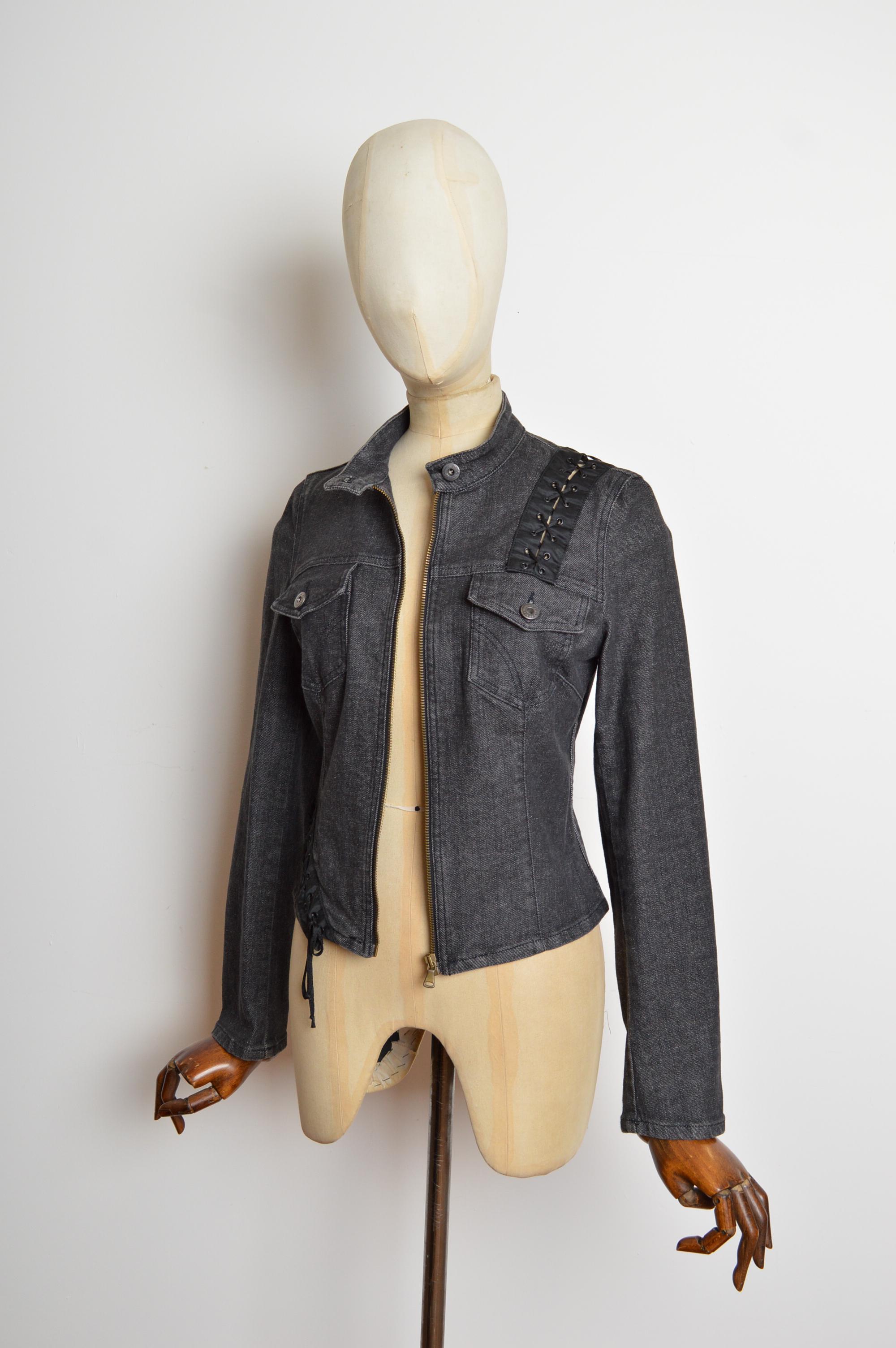 Sexy Y2k Dolce & Gabbana Charcoal Grey fitted denim Lace Up corset Jacket in vendita 2