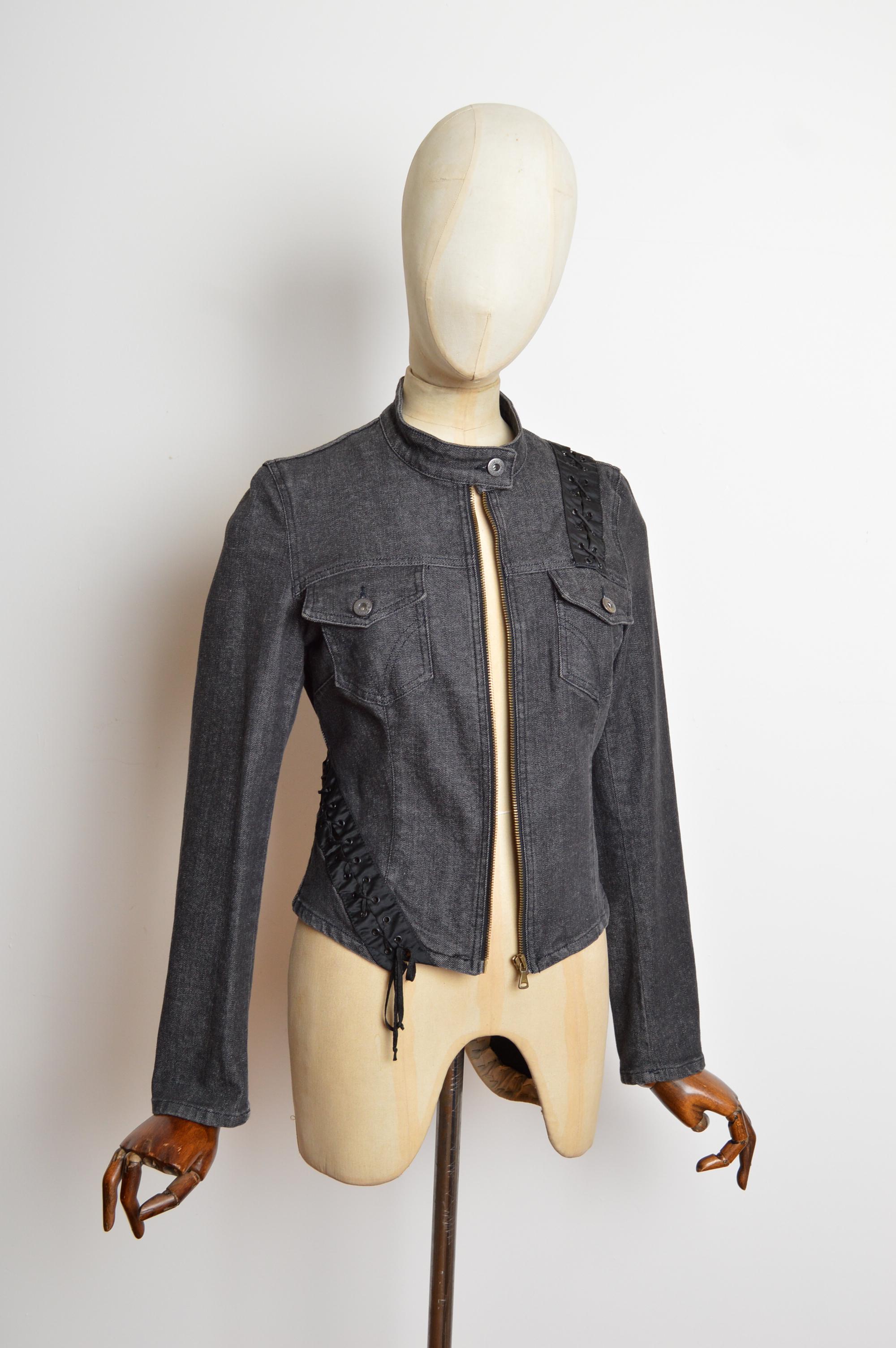 Sexy Y2k Dolce & Gabbana Charcoal Grey fitted denim Lace Up corset Jacket in vendita 3