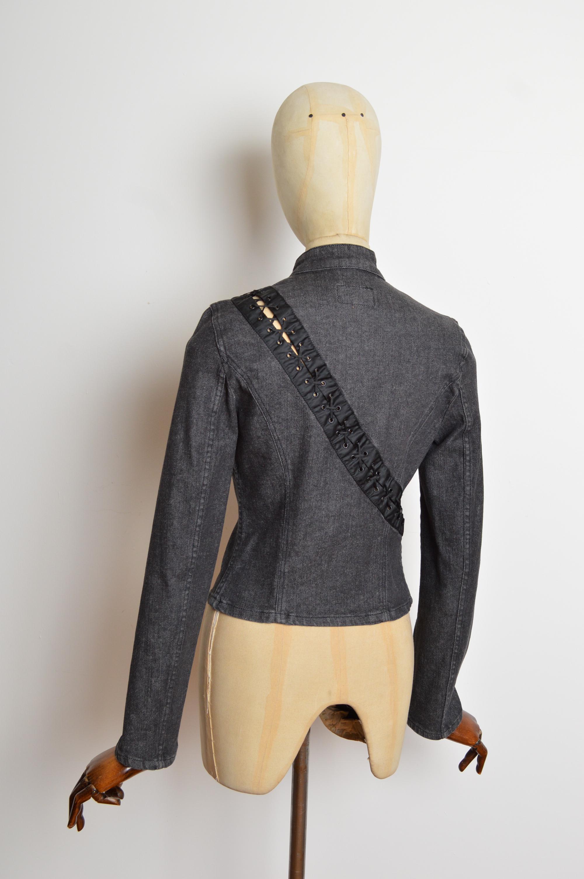 Sexy Y2k Dolce & Gabbana Charcoal Grey fitted denim Lace Up corset Jacket in vendita 4