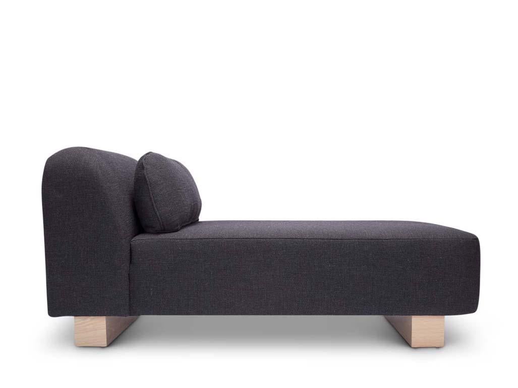 The Seymour Chaise calls to the streamlined shapes of Art Deco train cars with a curved back support and soft corners. The bed sits atop a monolithic leg that is reminiscent of railroad ties. 

The DISC Interiors x LF six-piece capsule collection