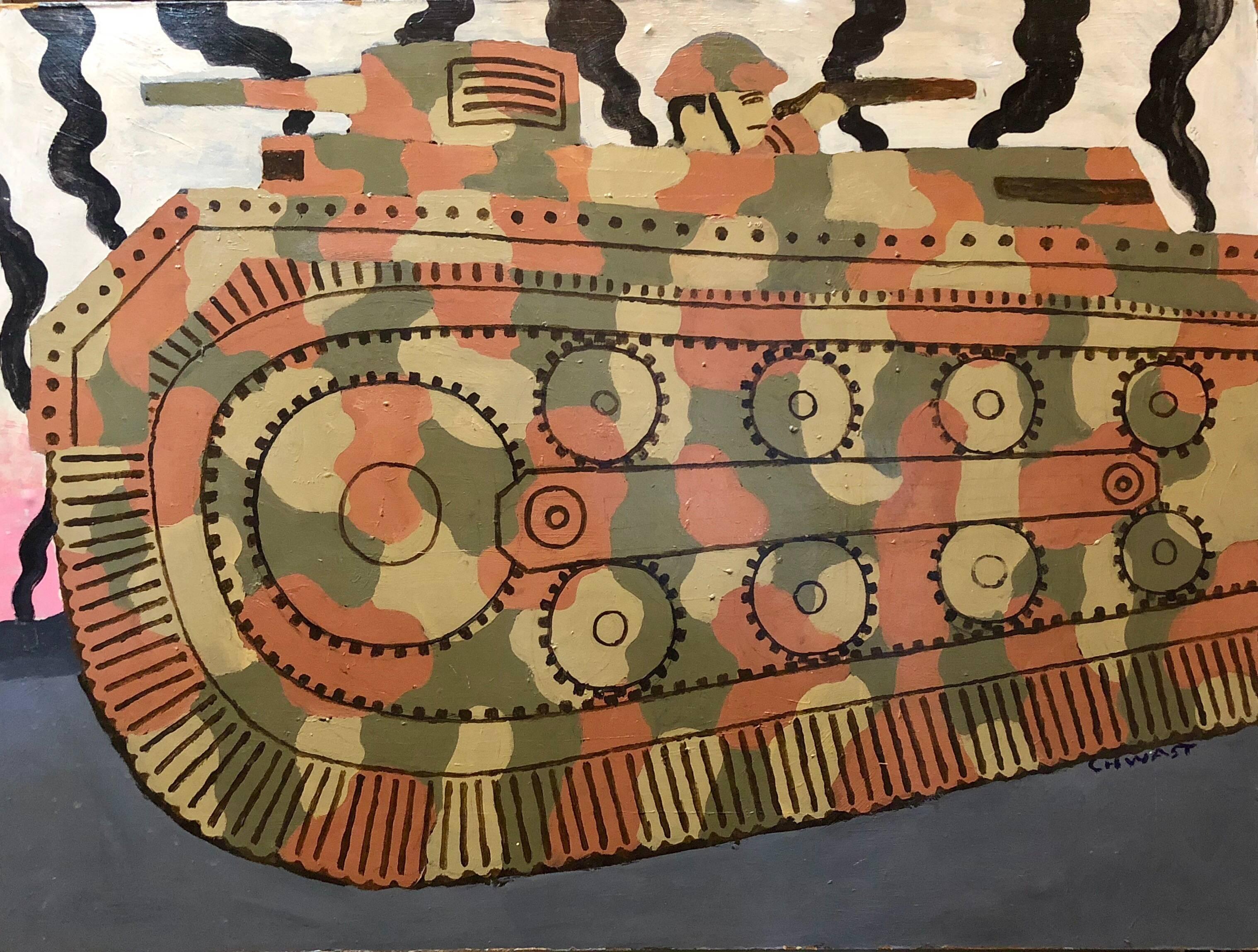 Seymour Chwast Figurative Painting – Großes Ölgemälde von  Cartoon- Camouflage-Tank im Illustrationsstil