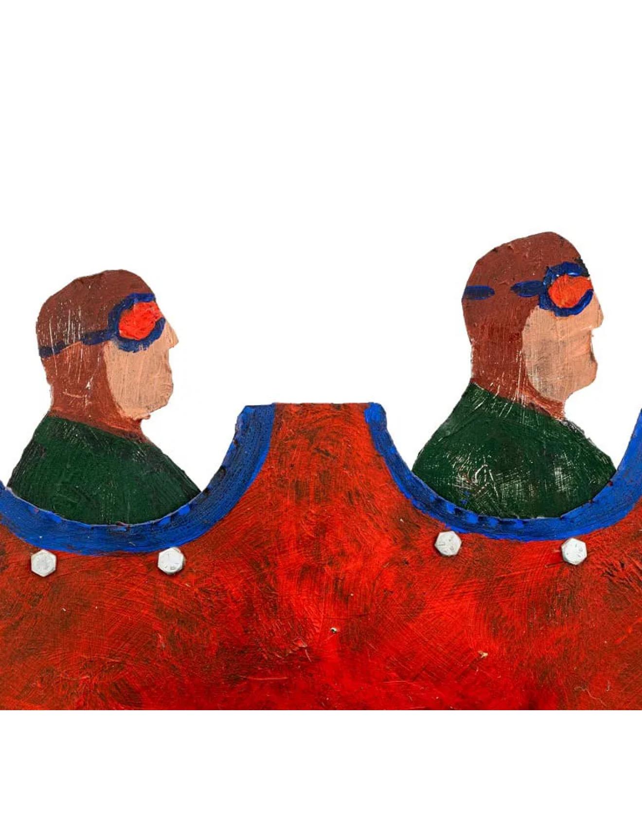 Pilots in Plane Painting on Metal Sculpture Wall Hanging Seymour Chwast Airplane im Angebot 1