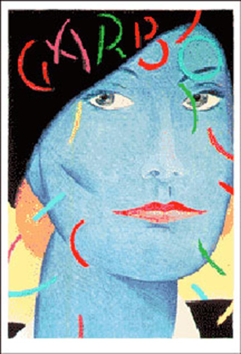 Portrait en gros plan de Greta Garbo à la peau bleue et portant un chapeau noir. Des confettis de toutes les couleurs tourbillonnent autour de son visage et quelques morceaux sont tombés pour ressembler au nom de l'actrice, Garbo. Cette estampe est