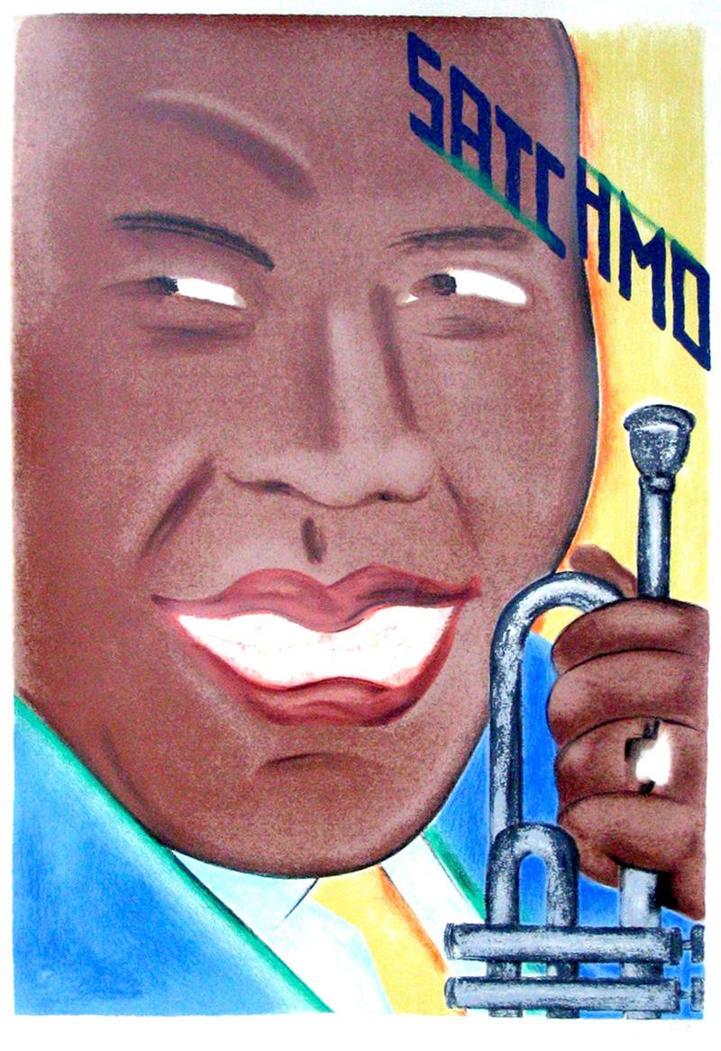 A close-up portrait of Louis Armstrong in a blue suit, holding up a trumpet and smiling at something off to the side. The word "Satchmo" is written diagonally across the upper right corner, alluding to the common nickname given to the famous Jazz