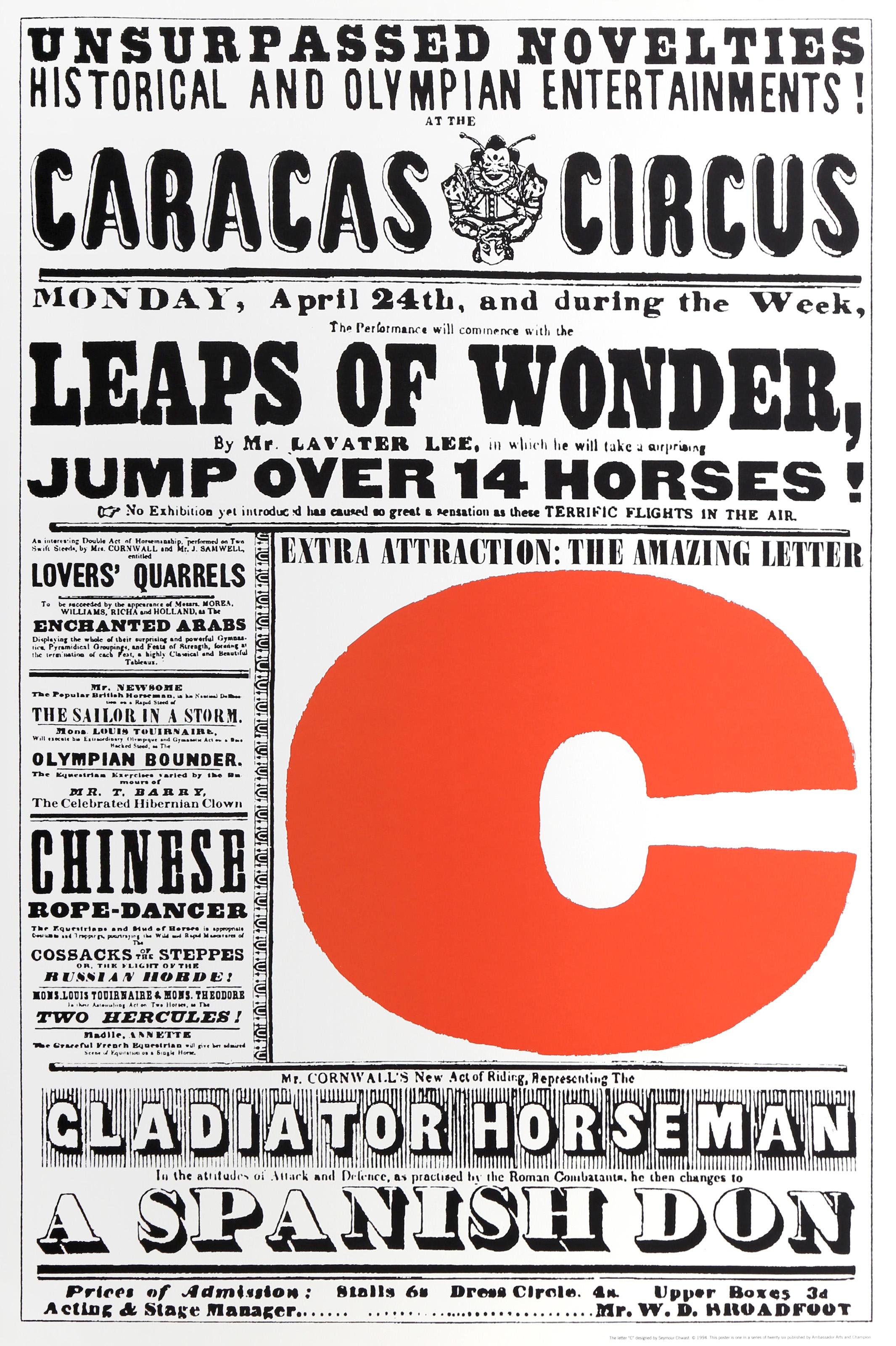 Seymour Chwast, American (1931 - ) - The Letter C, Portfolio:  The Alphabet Portfolio, Year:  1994, Medium:  Screenprint, Image Size:  34 x 22 inches, Size:  35 x 23 in. (88.9 x 58.42 cm), Publisher:  Ambassador Arts and Champion, Description:  This