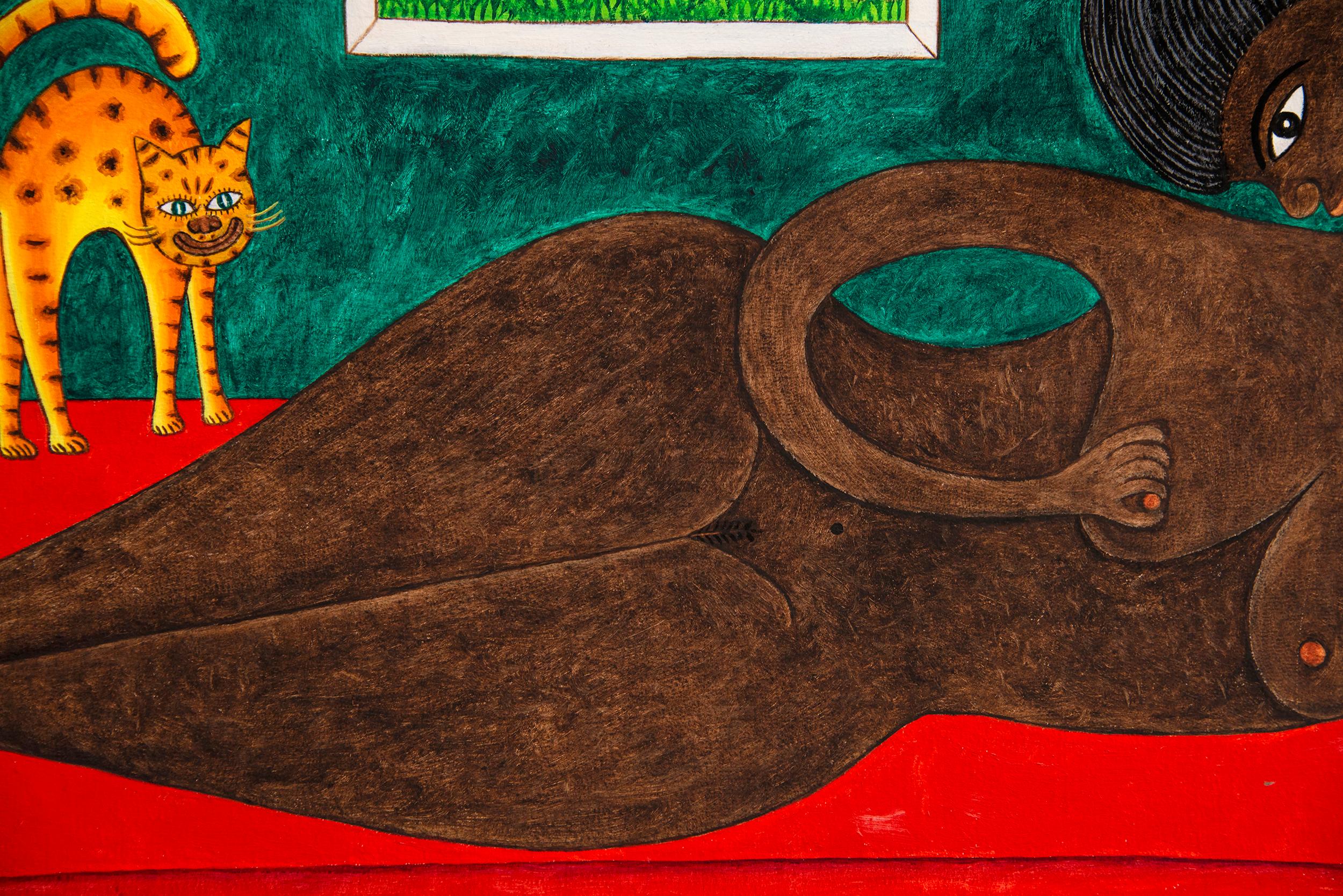 Couchage sensuel  Nu noir avec chat intéressé - Outsider Art Painting par Seymour Etienne Bottex