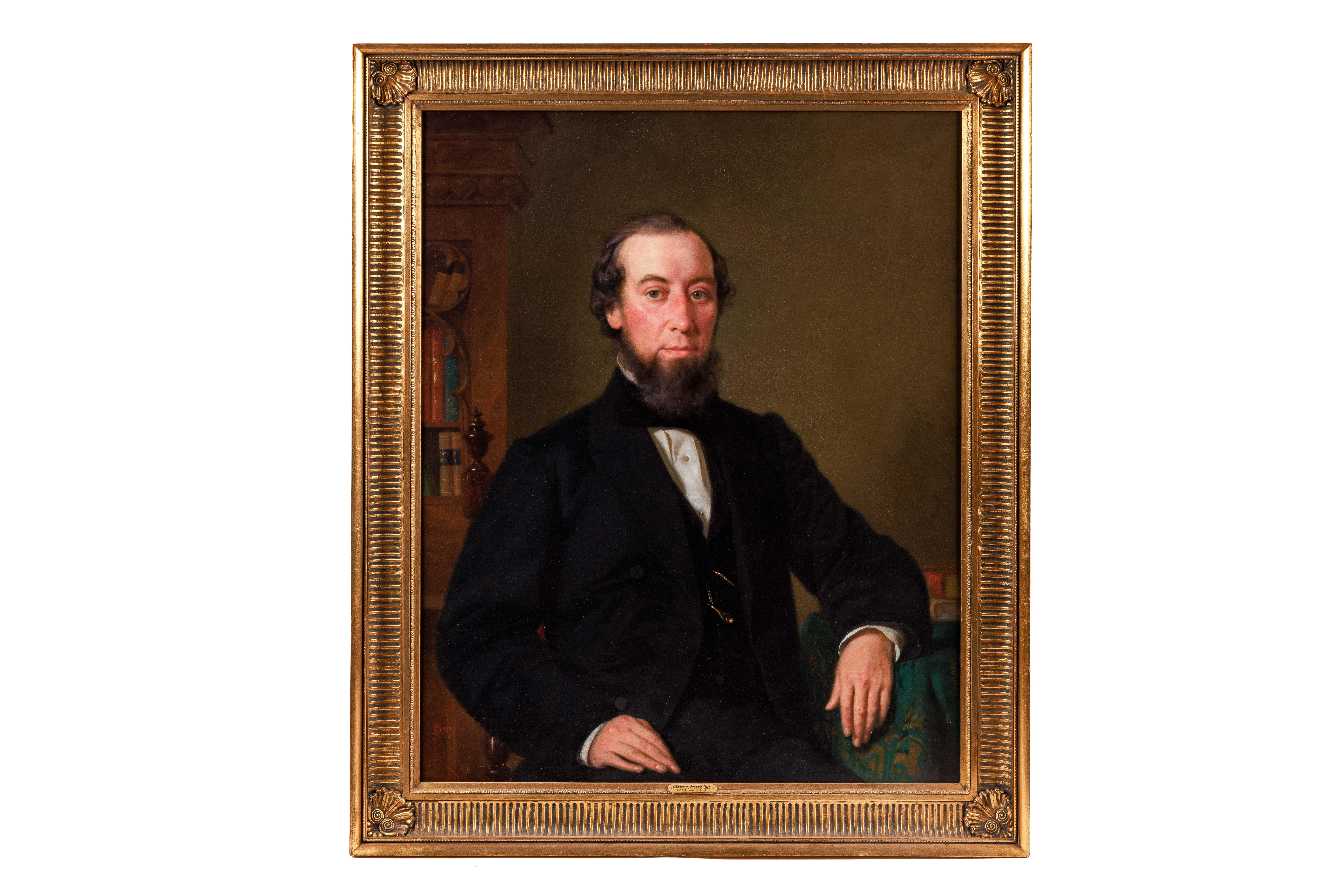 Seymour Joseph Guy (américain, 1824-1910) A Portrait of a Gentleman, Huile sur toile, Fin du XIXe siècle, vers 1885. 

Signé en bas à gauche avec le monogramme : SJ GUY.

Taille de la toile : 35.5" de haut x 28.5" de large
Cadre : 42" de haut x 36"