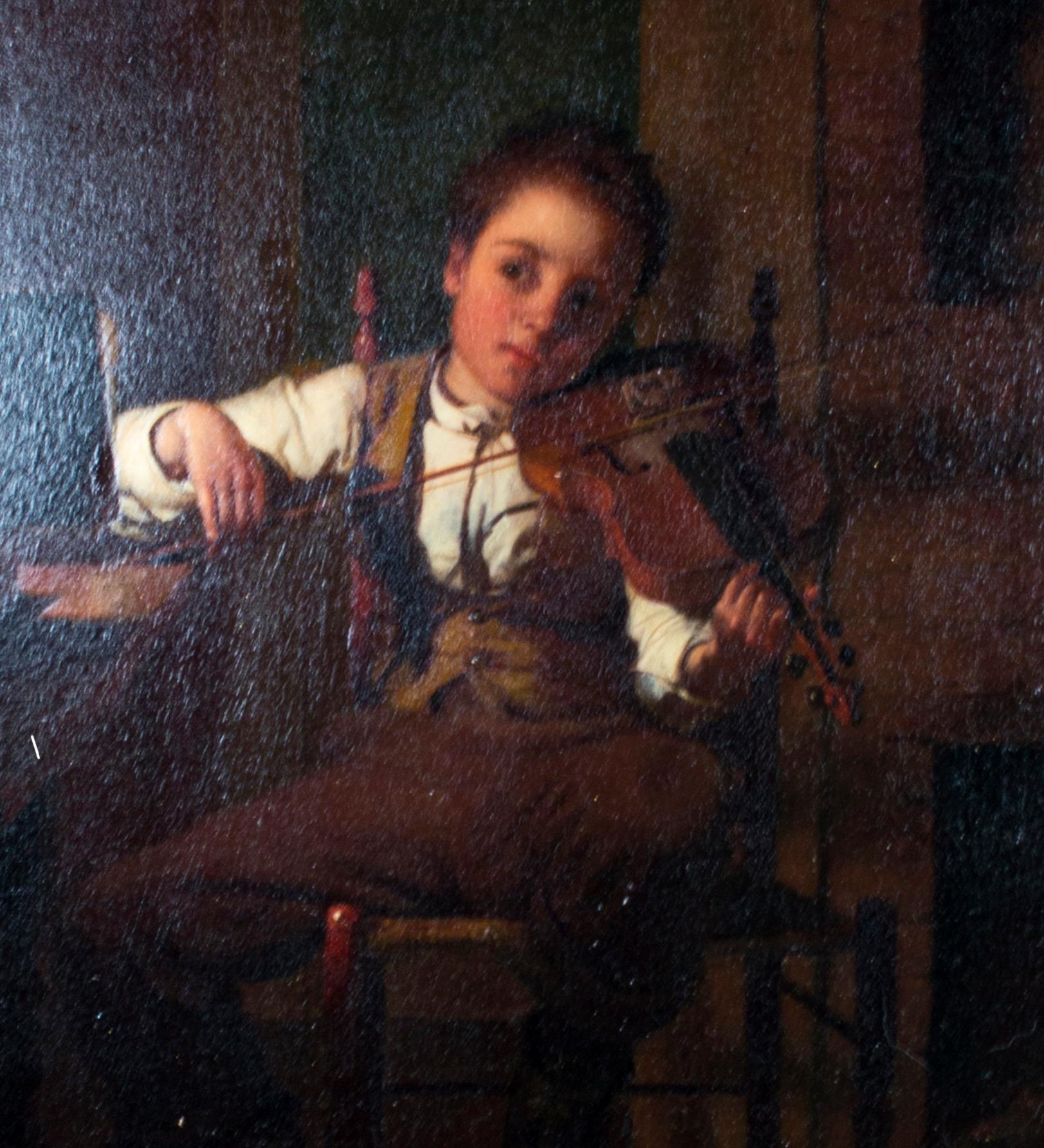 Quadro ad olio del XIX secolo ritratto bambino violino drammatico sfondo scuro - Painting di Seymour Joseph Guy 