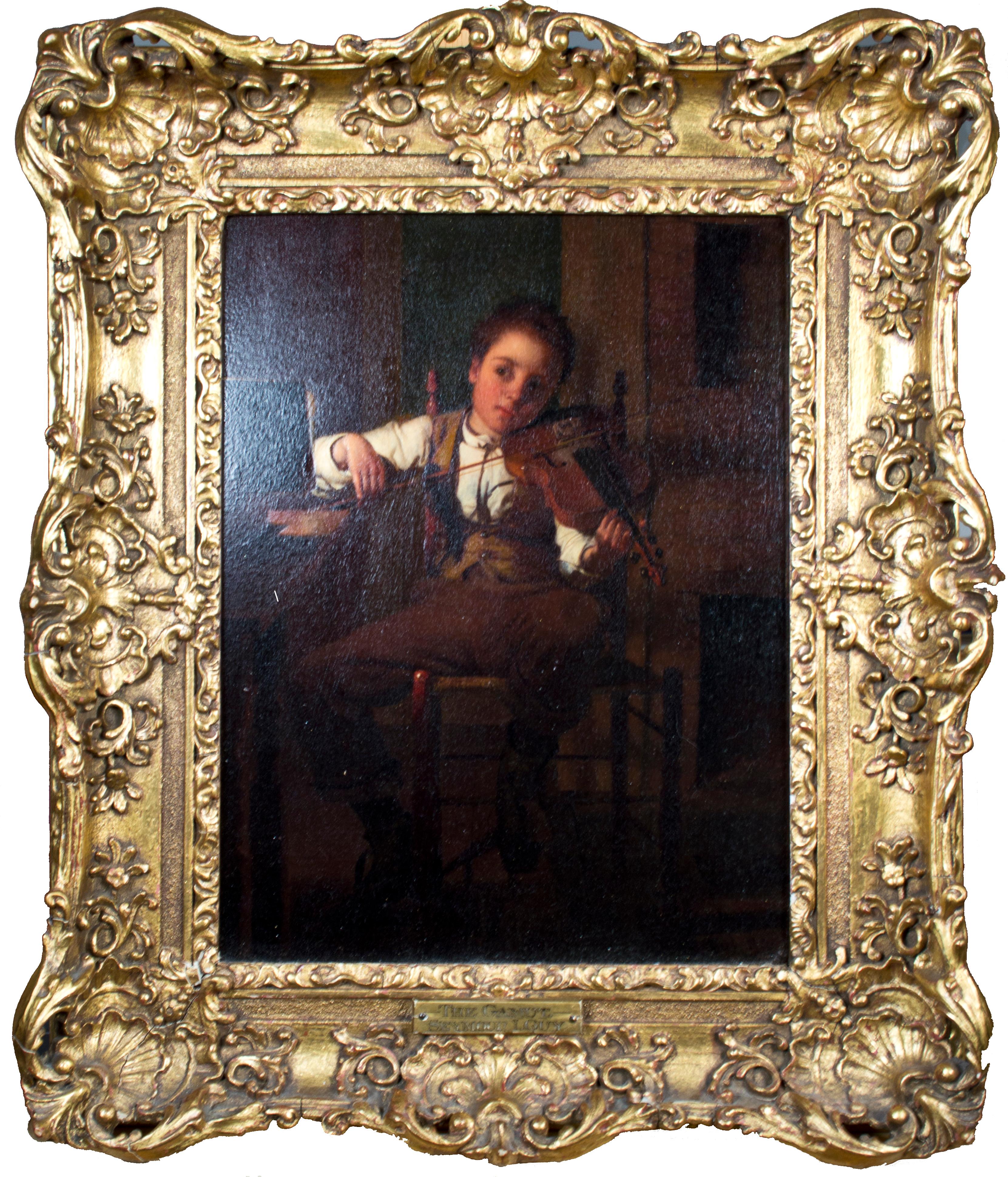 « The Gamut », huile sur panneau, portrait d'enfant jouant du violon par Seymour Guy - Noir Portrait Painting par Seymour Joseph Guy 
