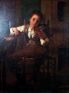 Quadro ad olio del XIX secolo ritratto bambino violino drammatico sfondo scuro