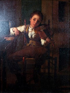 Peinture à l'huile du 19e siècle portrait enfant violon dramatique fond sombre 