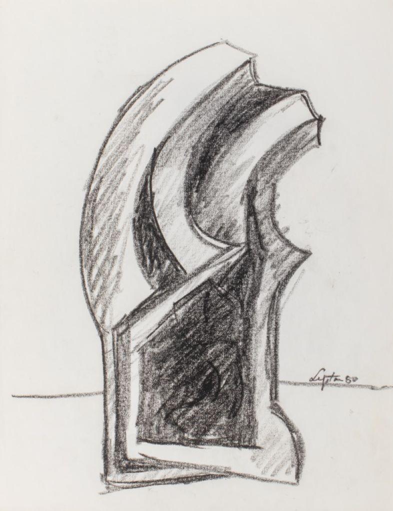 Seymour Lipton (American, 1903-1986) oil crayon drawing on paper sketch depicting a study for an Abstract Expressionist sculpture, signed and dated 