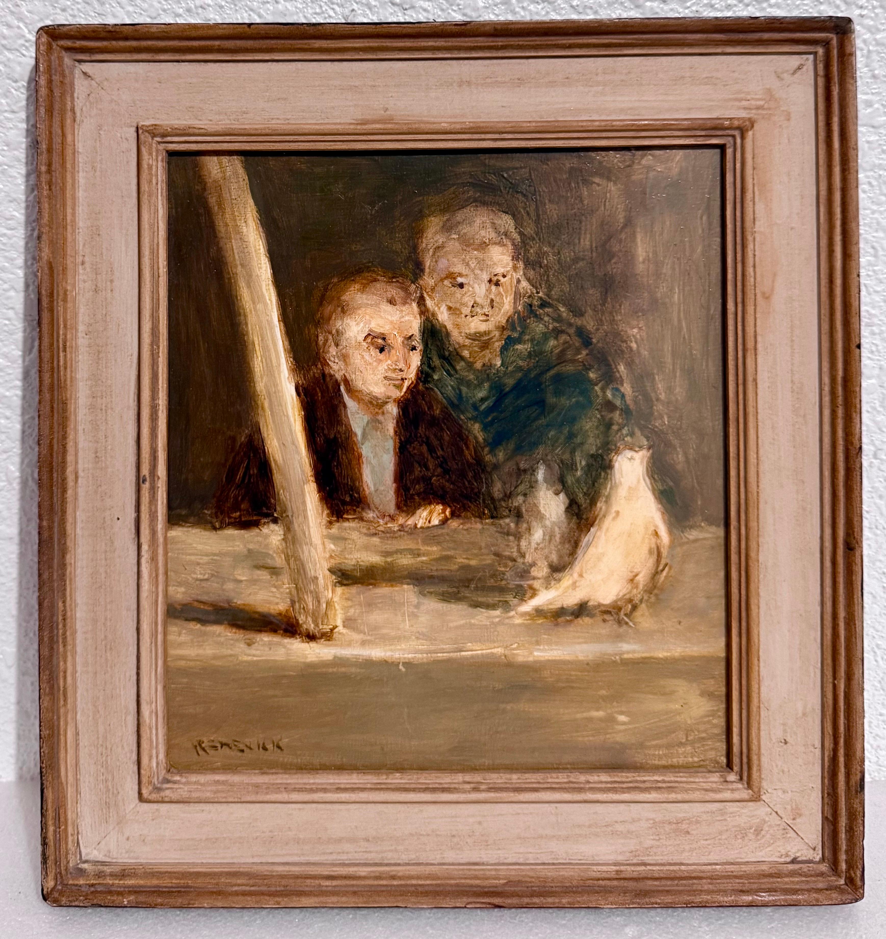 American Modernist Seymour Remenick Oil Painting Men with Pigeons Philadelphia For Sale 1