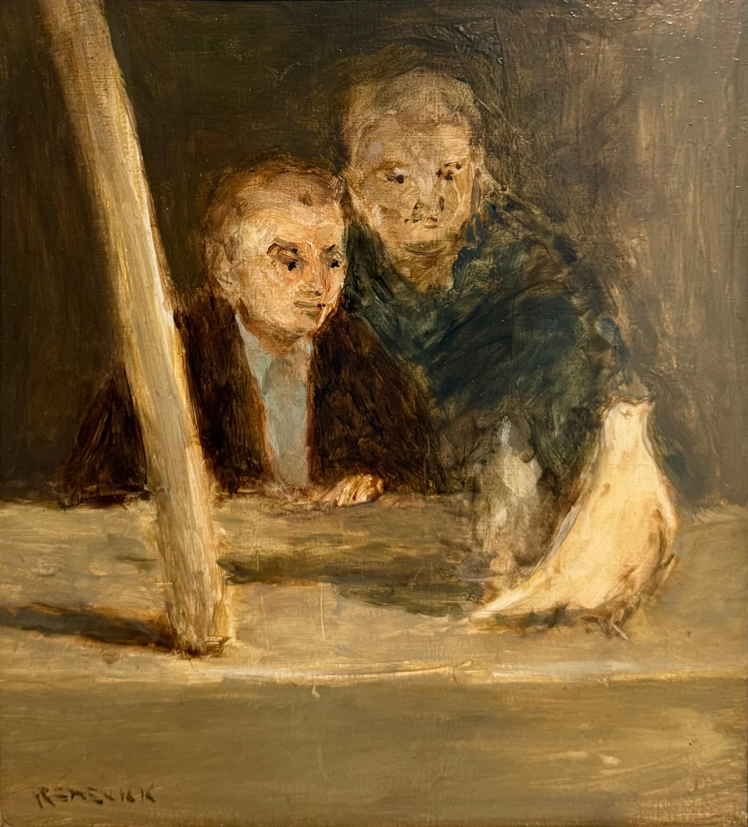 American Modernist Seymour Remenick Oil Painting Men with Pigeons Philadelphia For Sale 5