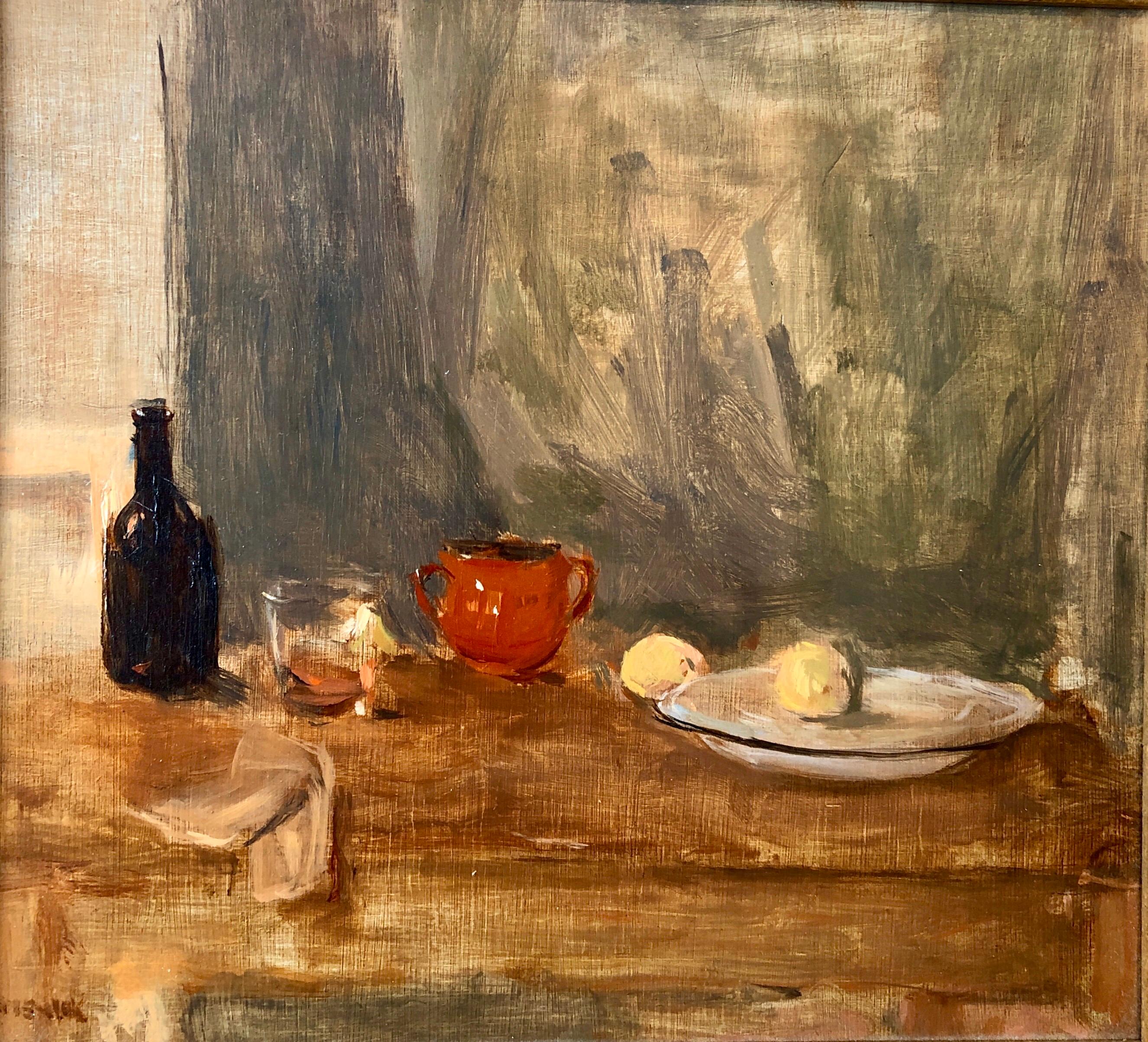 Seymour Remenick Still Life Table Scape Oil Painting with Bottle and Fruit For Sale 1