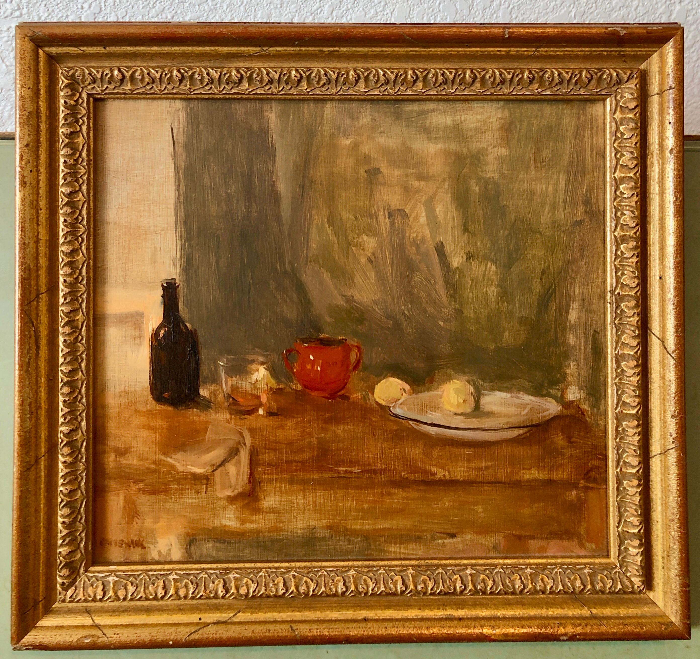 Seymour Remenick Still Life Table Scape Oil Painting with Bottle and Fruit For Sale 1