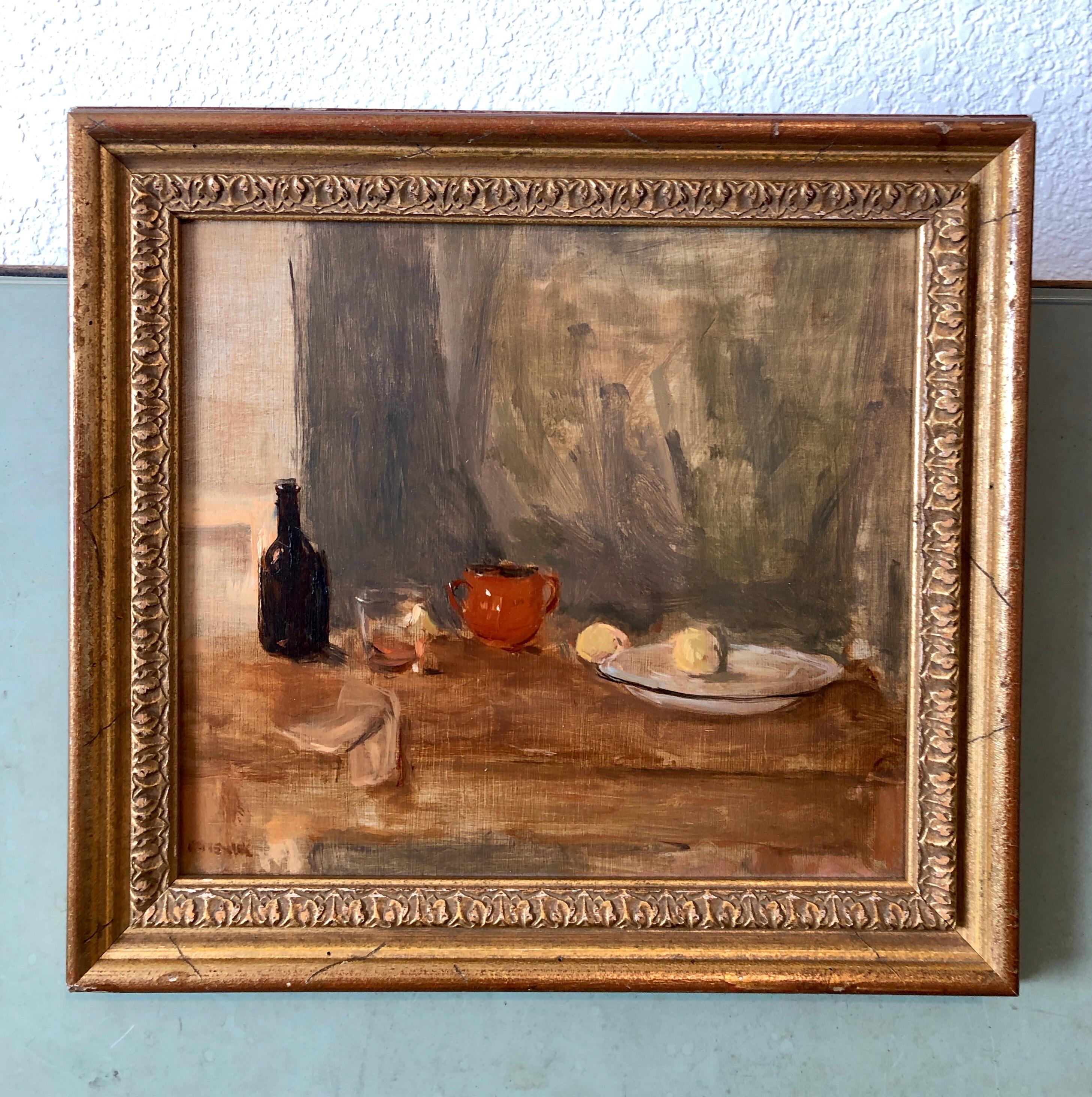 Seymour Remenick Still Life Table Scape Oil Painting with Bottle and Fruit For Sale 2