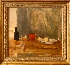 Seymour Remenick Nature morte, scène de table, peinture à l'huile avec bouteille et fruits