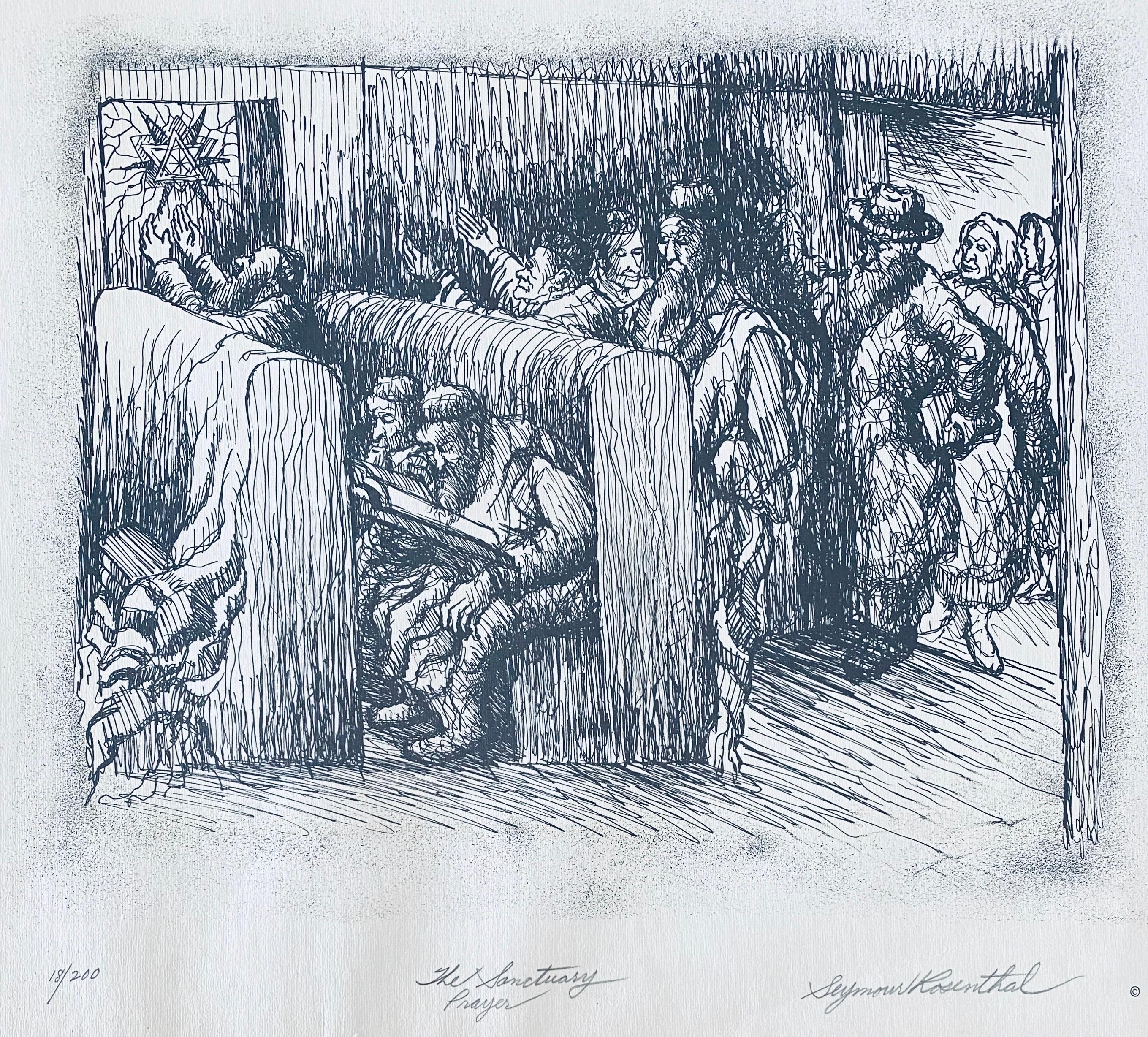 Artista americano Litografia giudaica Scena di sinagoga - Print di Seymour Rosenthal