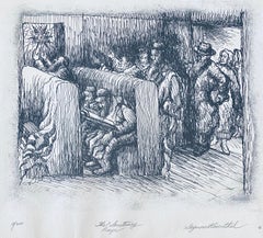 American Artist Judaic Lithograph Synagogue Scene