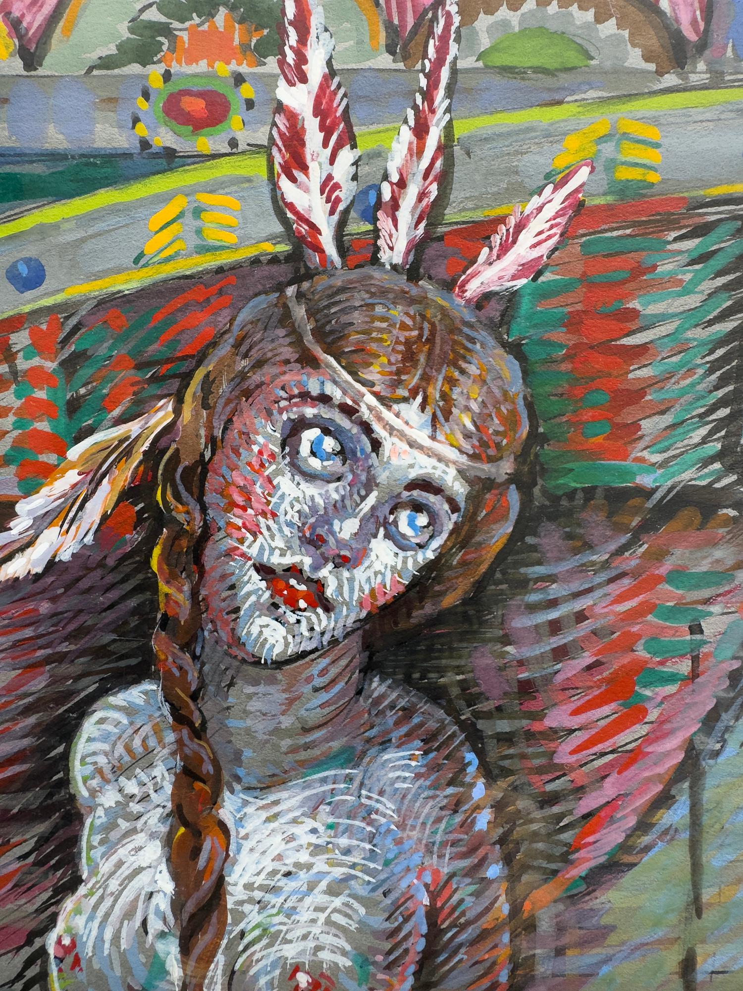 Fille indienne d'Amérique du Nord nue sur une scène burlesque - Surréalisme Mixed Media Art par Seymour Rosofsky