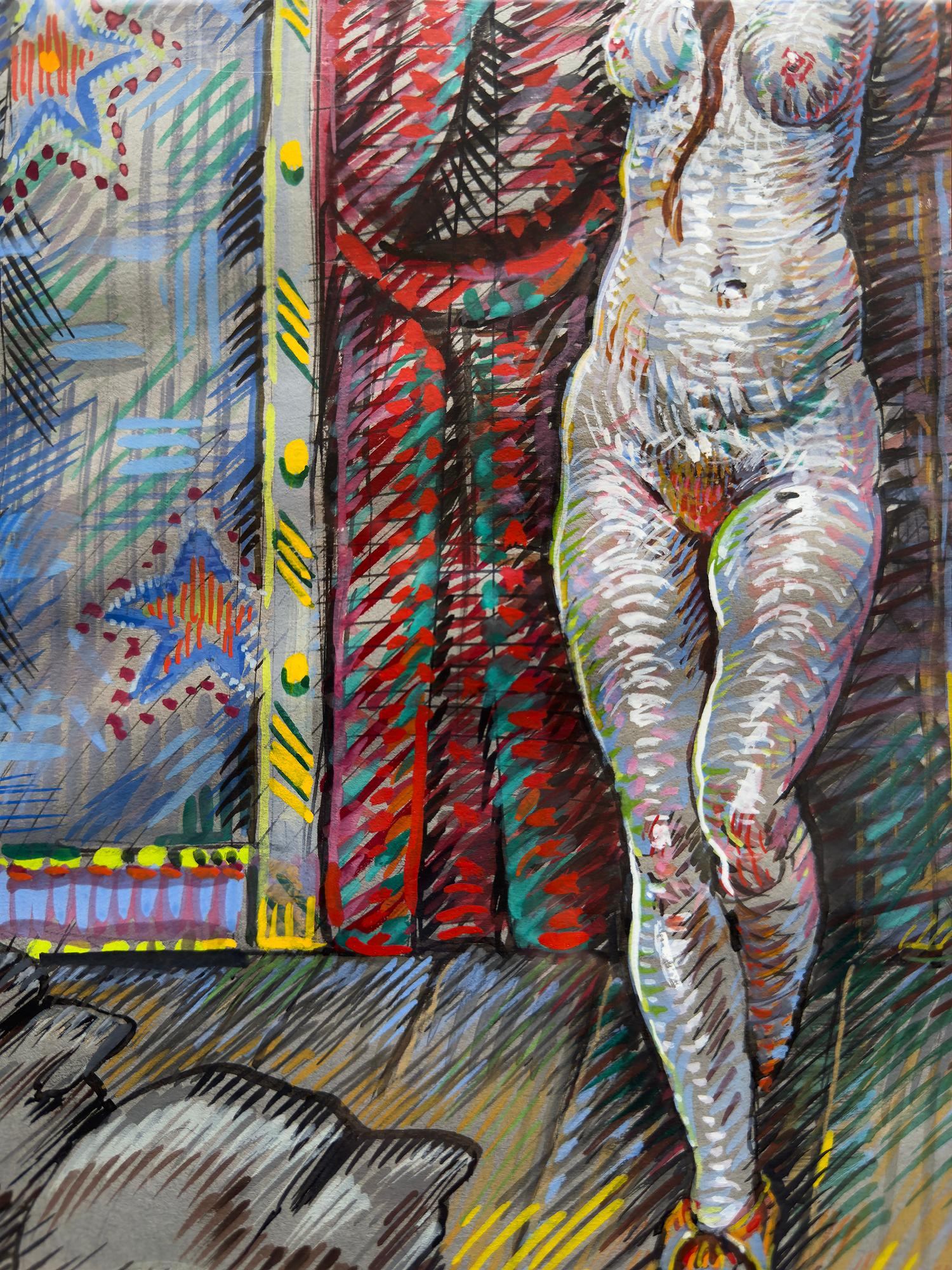 Une Indienne d'Amérique nue, couronnée d'une coiffe de plumes, pose sur la scène burlesque tandis que des spectateurs masculins la dévorent visuellement.  Cette peinture a été réalisée dans le cadre d'une commande pour un article d'intérieur paru