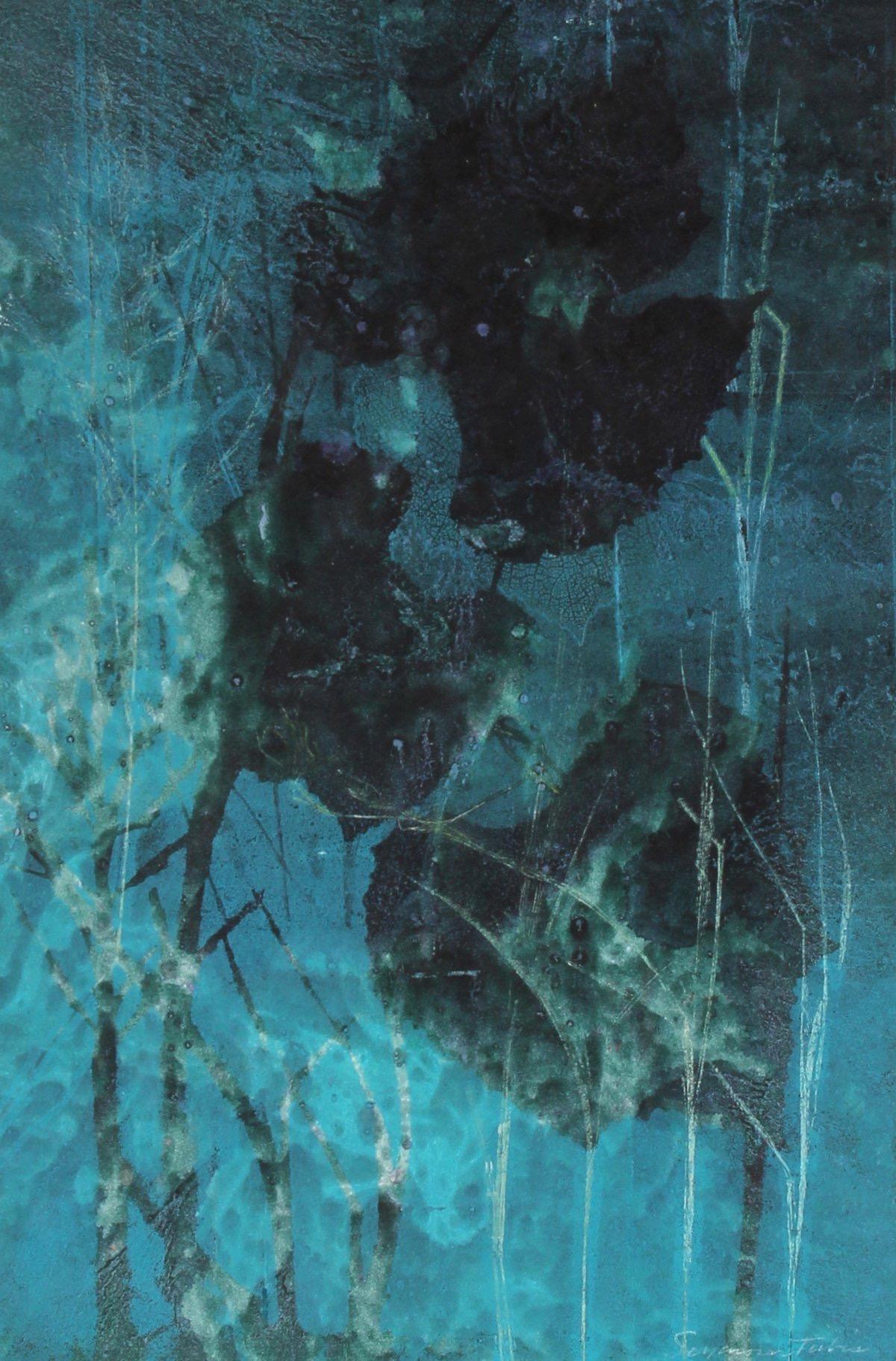 Seymour Tubis Landscape Print - "April" 1971 Original Mixed Media Print in Turquoise 