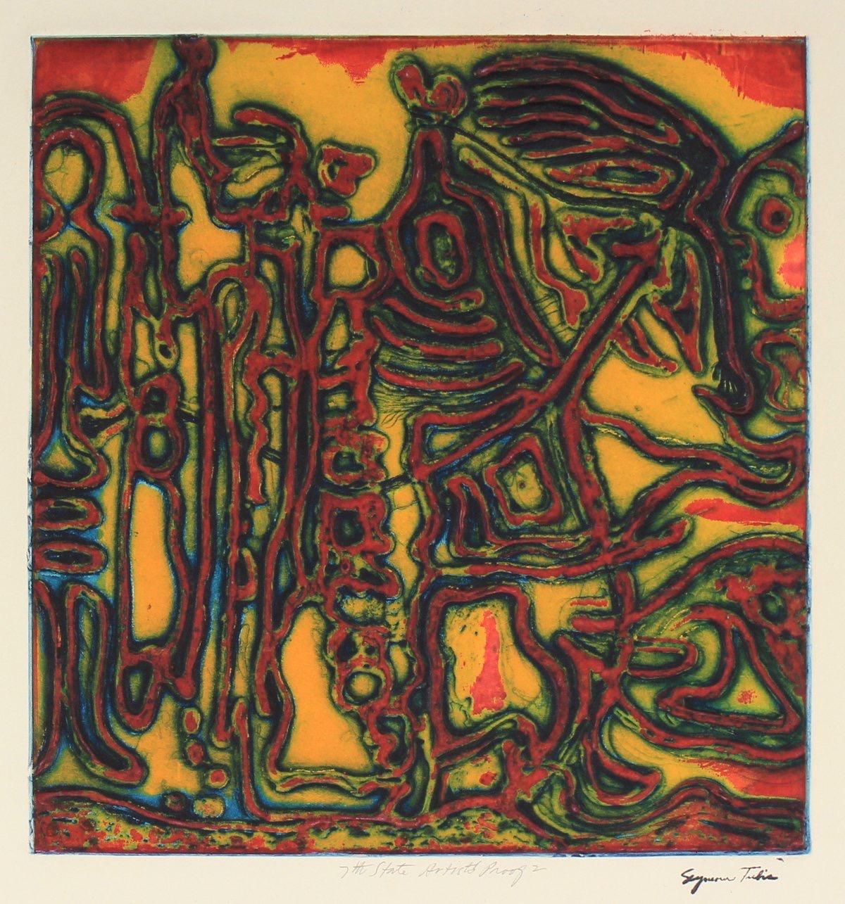 Seymour Tubis Abstract Print - "Flight of the Female Chauvinist" Collograph on Paper in Warm Colors