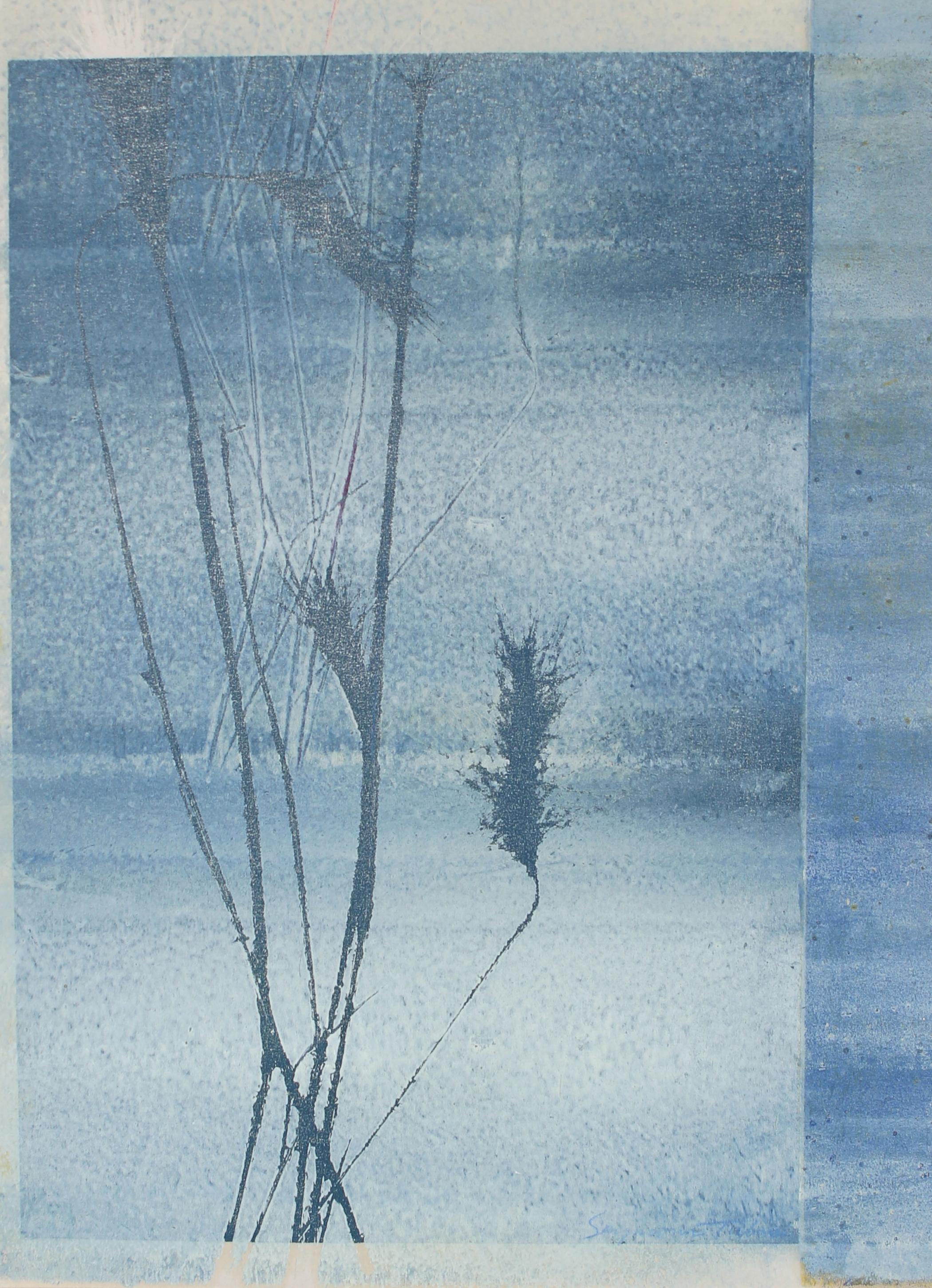"Morning Frost", Mixed Media Nature Print with Wheat Plants in Blue - Mixed Media Art by Seymour Tubis