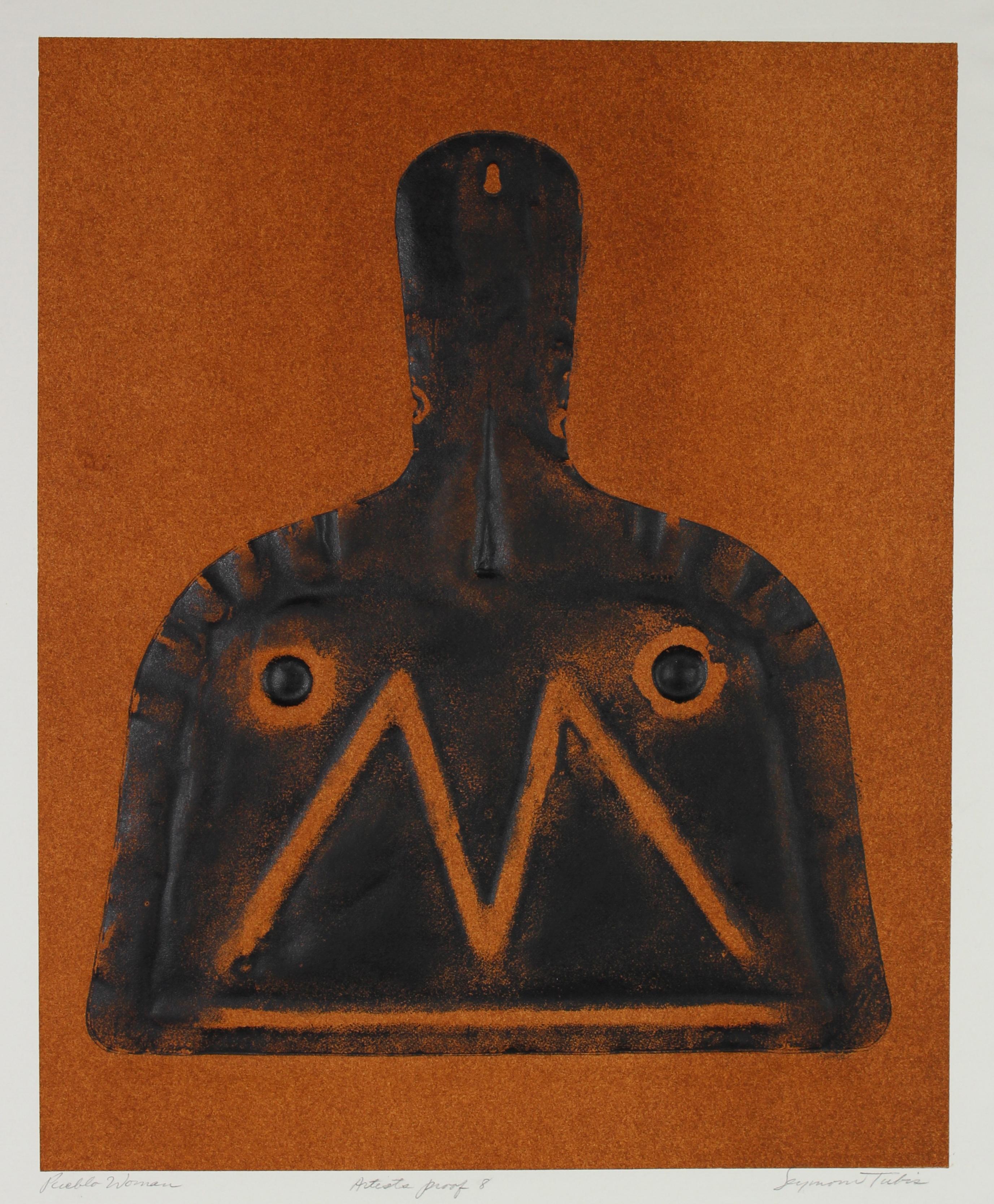 Seymour Tubis Portrait Print - "Pueblo Woman" Collograph on Paper in Rust Orange