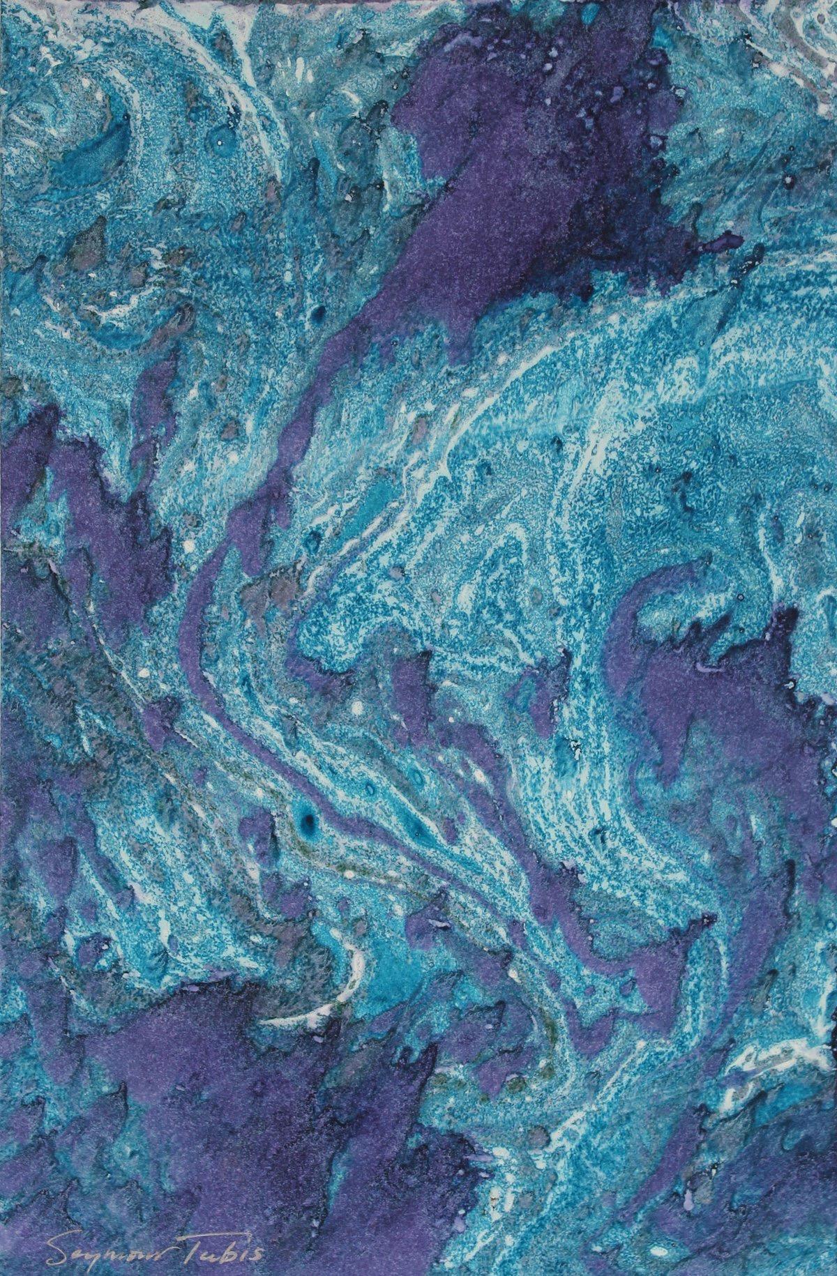 Seymour Tubis Abstract Painting - Abstracted Shades of Blue Oil on Paper Marble Painting 