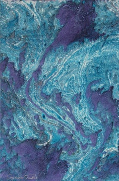 Abstracted Shades of Blue Oil on Paper Marble Painting 