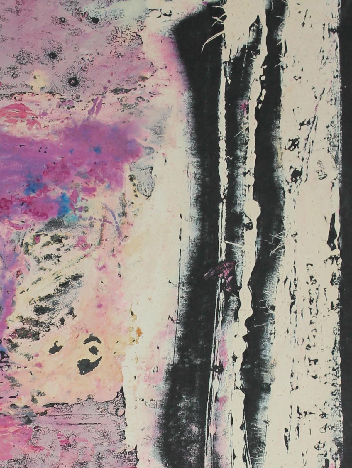Bright Abstract Dye Transfer Print on Paper in Pink Red Purple Black and Gray  - Painting by Seymour Tubis