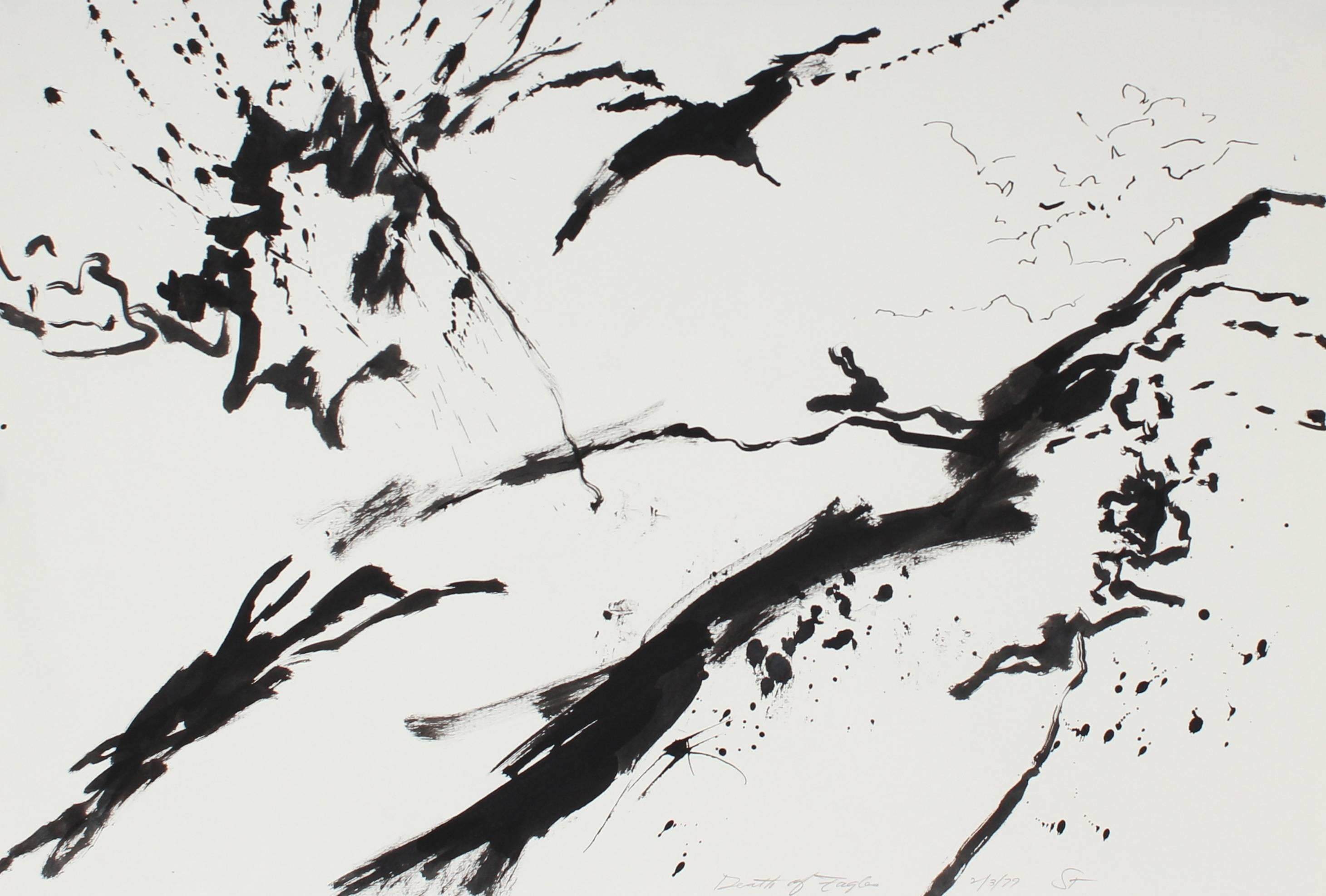 Seymour Tubis Abstract Painting - "Death of Eagles" Monochromatic Ink Drawing, 1979
