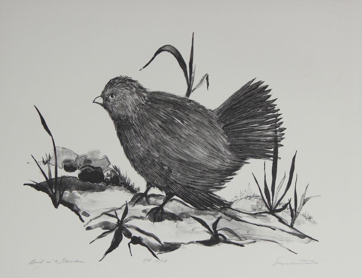 Seymour Tubis Animal Print - "Bird in a Garden" Black and White Lithograph on Paper